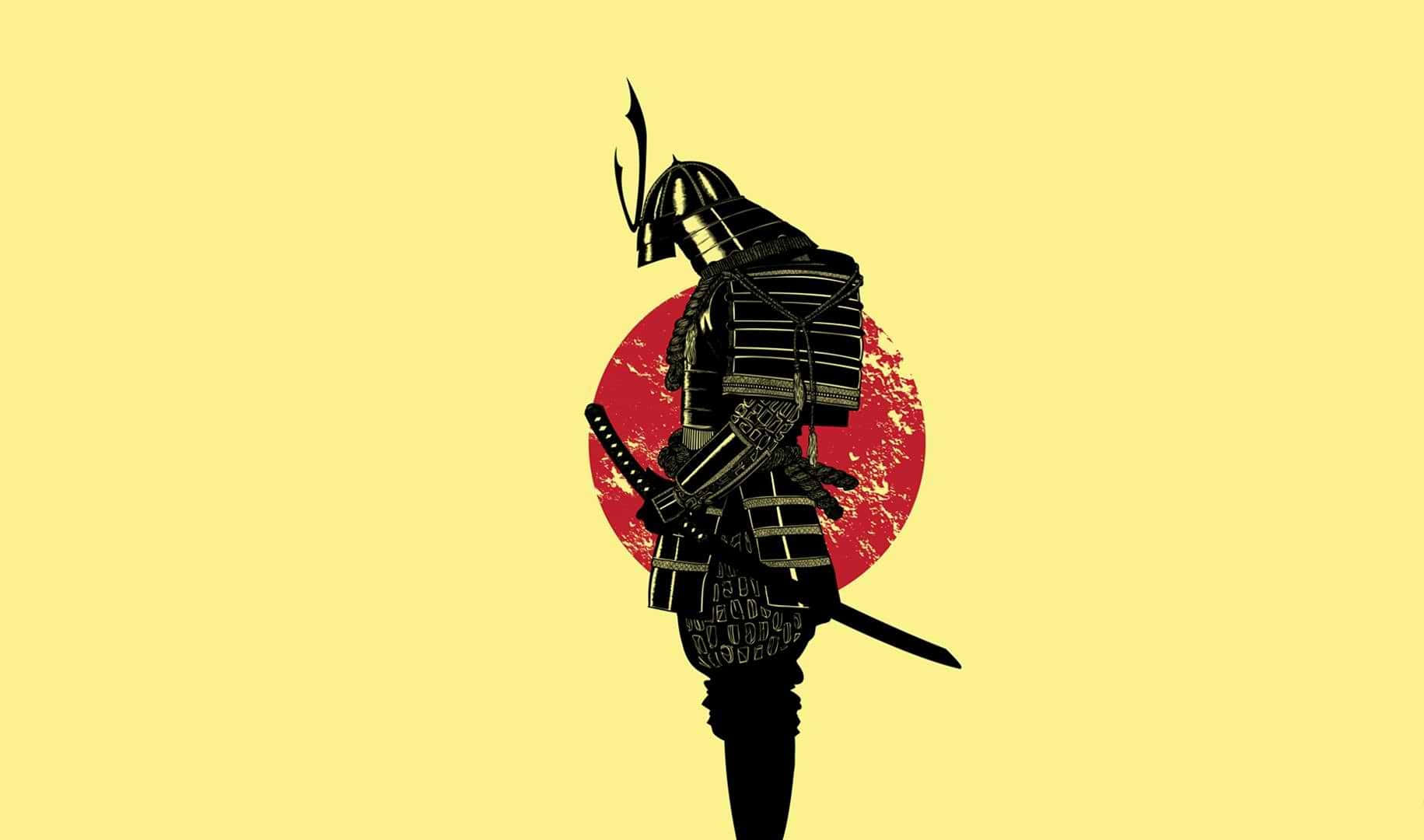 Shogun 桌布 壁紙 — 一個身穿全套盔甲的武士黑色剪影，站在一個有紋理的紅色圓圈前，背景是淡黃色。