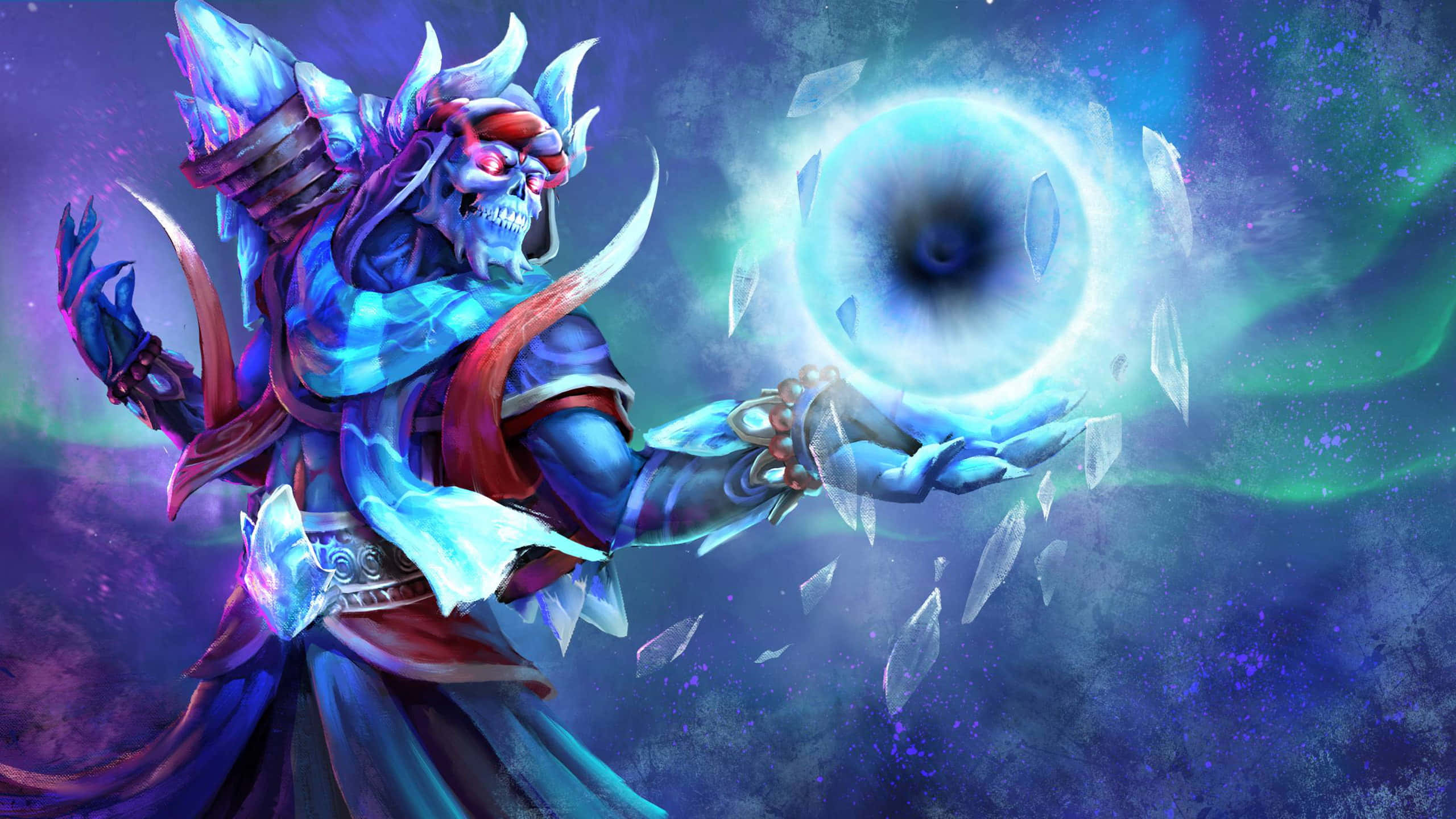 Dota 2 Heroes 桌布 壁紙 — 一個身穿冰霜盔甲的骷髏戰士，在宇宙紫色和綠色星雲的背景下，引導著一個被漂浮碎片包圍的發光藍色漩渦。