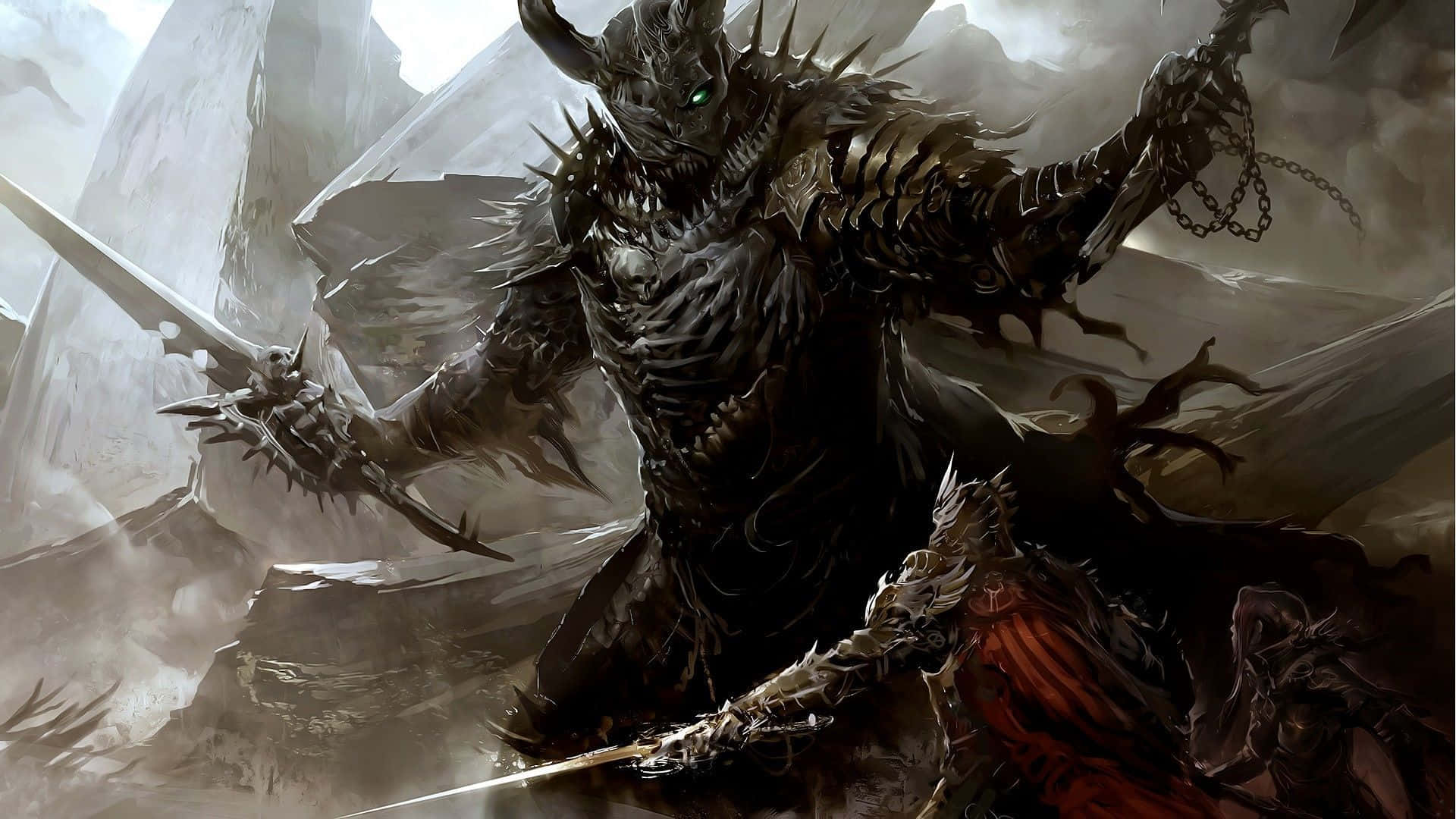 Skyrim Daedric 桌布 壁紙 — 一個身穿尖刺盔甲、眼睛發出綠光的惡魔戰士，在破碎的山地戰場上揮舞鎖鏈和劍對抗倒下的敵人。