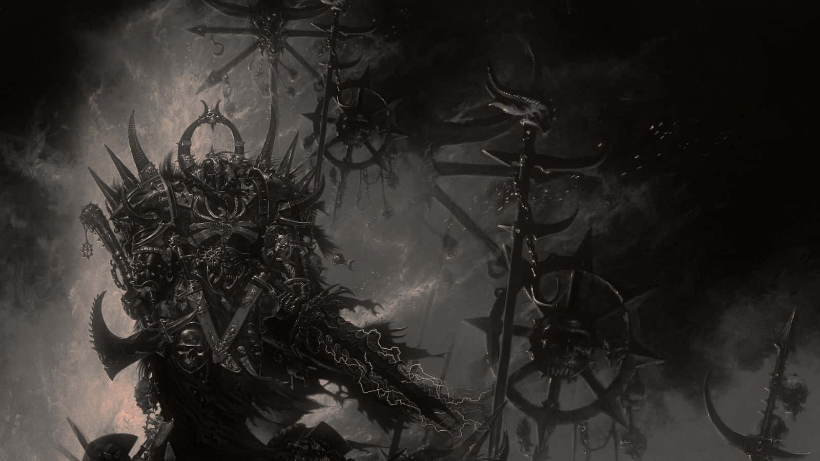 Dark Digital Art 桌布 壁紙 — 一個身穿尖刺盔甲的惡魔 warlord 在風暴黑暗的戰場上揮舞閃電，周圍漂浮著武器。