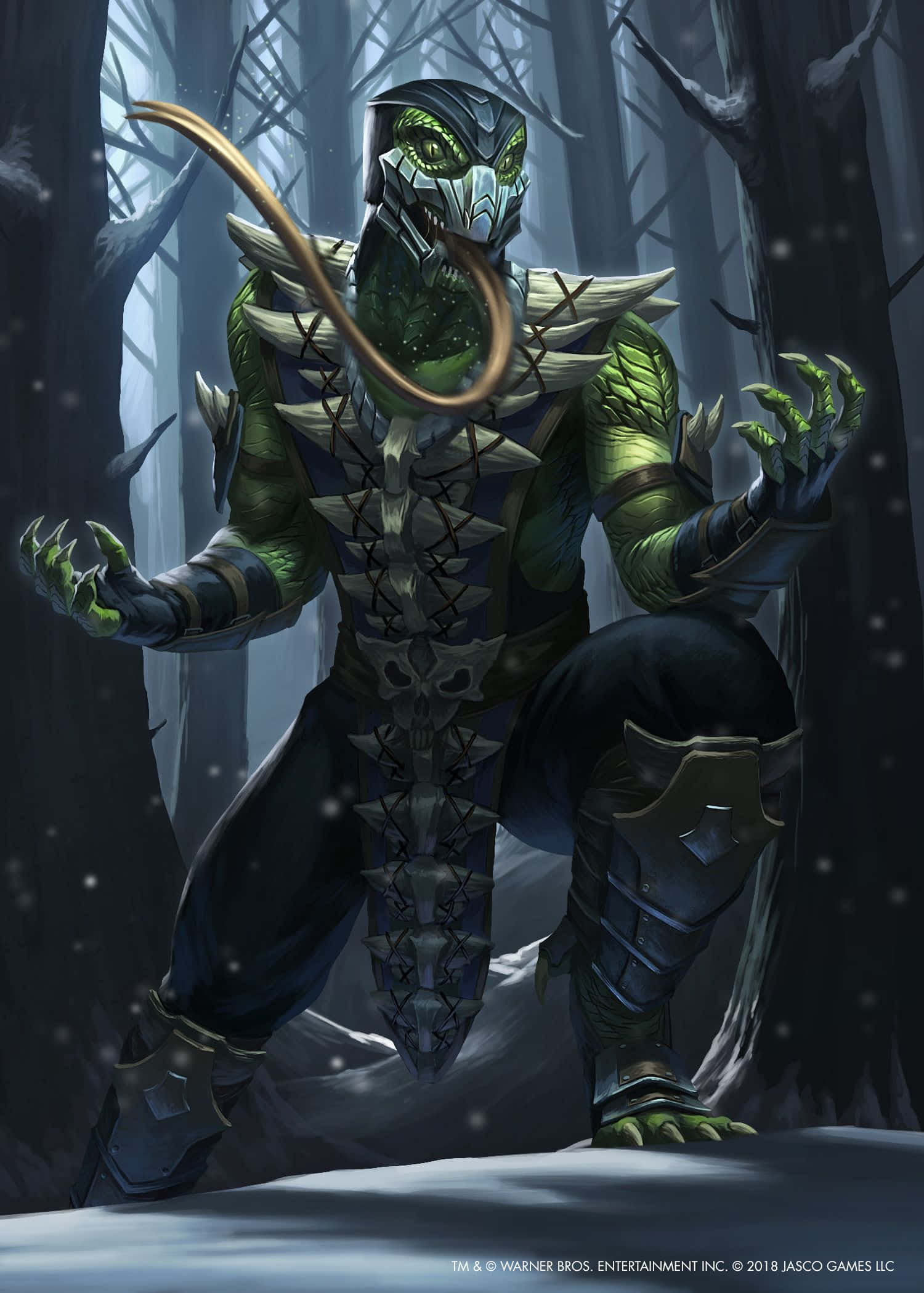 Mortal Kombat Reptile 桌布 壁紙 — 一個身穿尖刺盔甲的綠色爬行類戰士，在雪地森林中蹲伏，伸出舌頭，眼睛發光，充滿威脅。