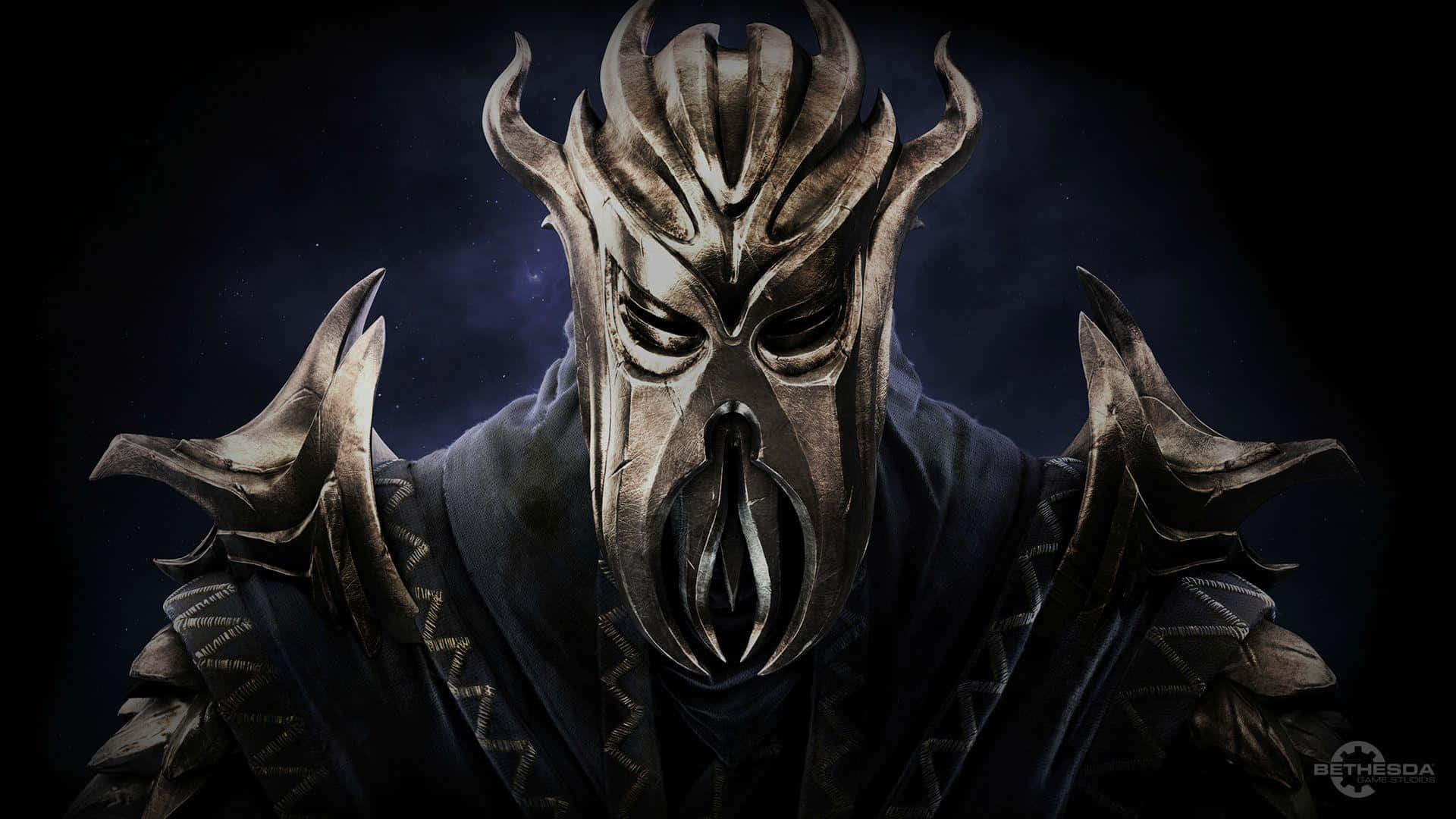 Skyrim Dawnguard 桌布 壁紙 — 一個身穿尖刺頭盔和黑色斗篷的威嚇裝甲人物，站在繁星點點的夜空下。