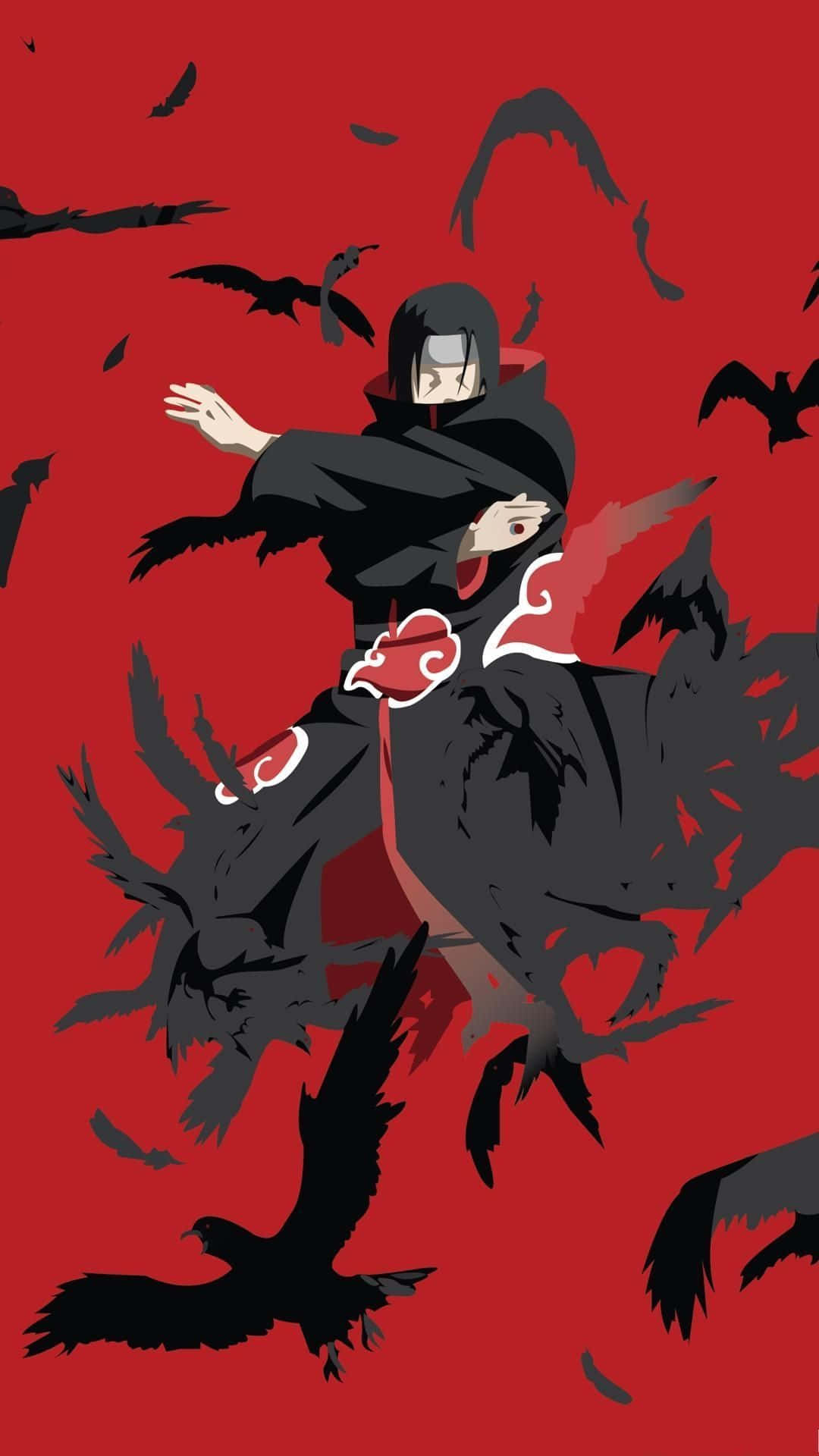 Genjutsu 桌布 壁紙 — 一個身穿帶有紅色雲紋的黑色斗篷的忍者，在鮮紅色背景中，站在旋轉的黑鳥群中。