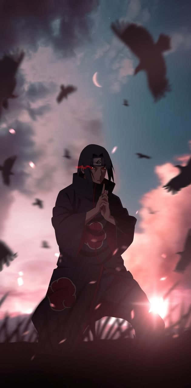 Jutsu 桌布 壁紙 — 一個身穿帶有紅雲的黑色斗篷的忍者跪在暮色天空下，烏鴉在他周圍飛翔。