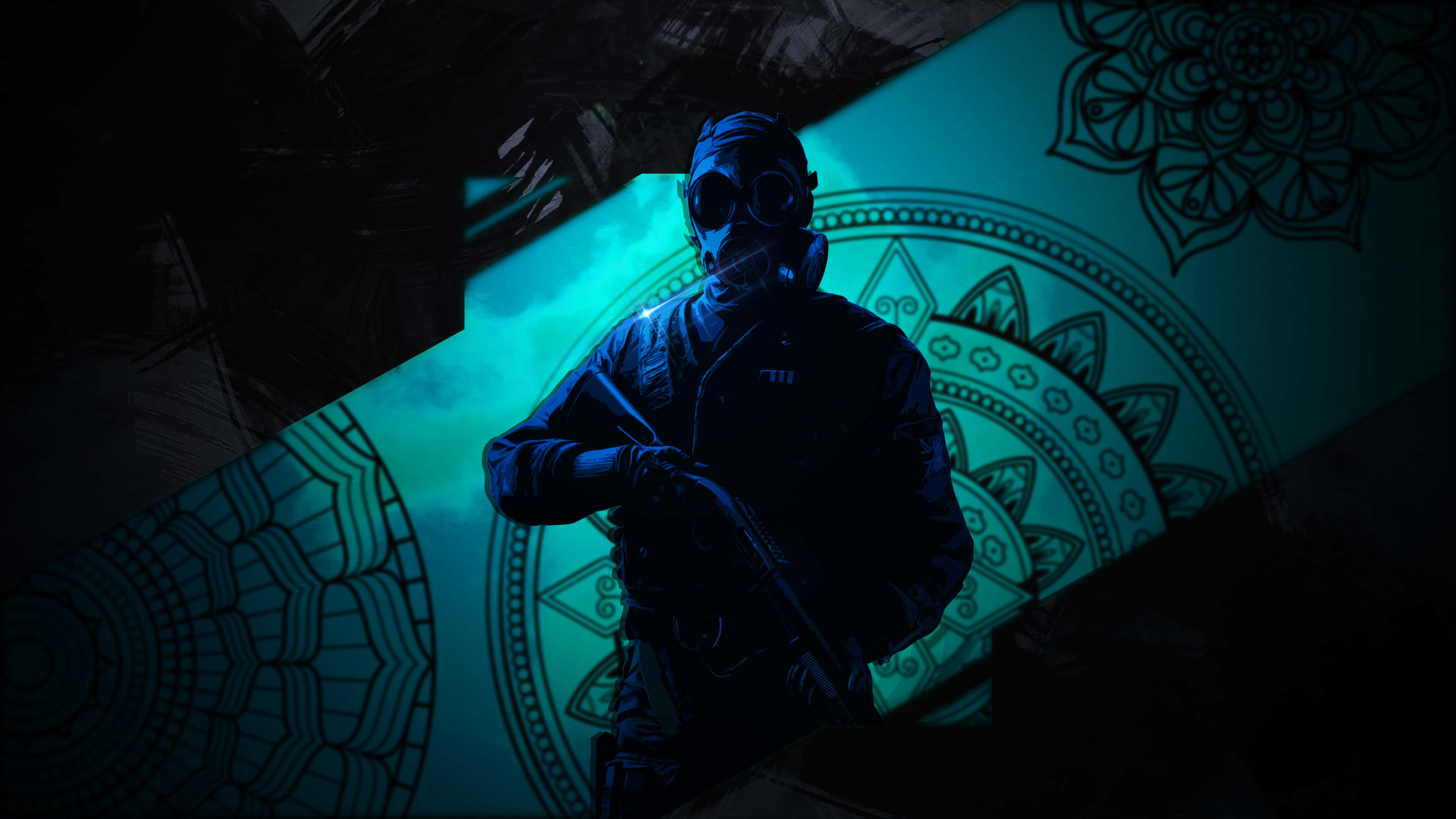 Rainbow Six Siege Thatcher 桌布 壁紙 — 一個身穿戰術裝備和防毒面具的人物，在黑暗、風格化的數碼場景中，站在發光的青綠色曼陀羅圖案前。