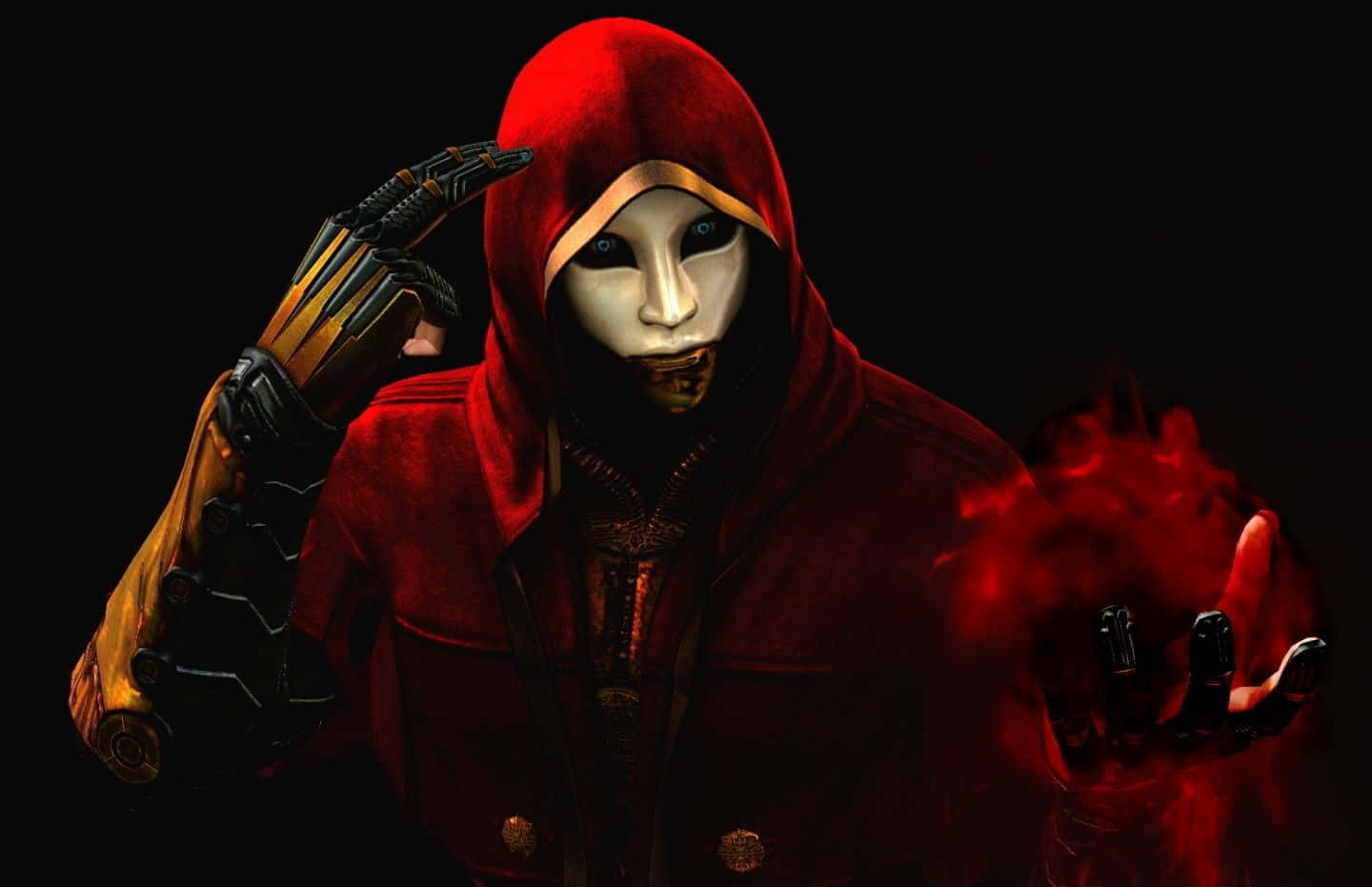 Red Hoodie 桌布 壁紙 — 一個身穿斗篷、戴著白色面具、眼睛發出藍光的人物，在黑色背景前用機械手敬禮，同時手持一個火球。