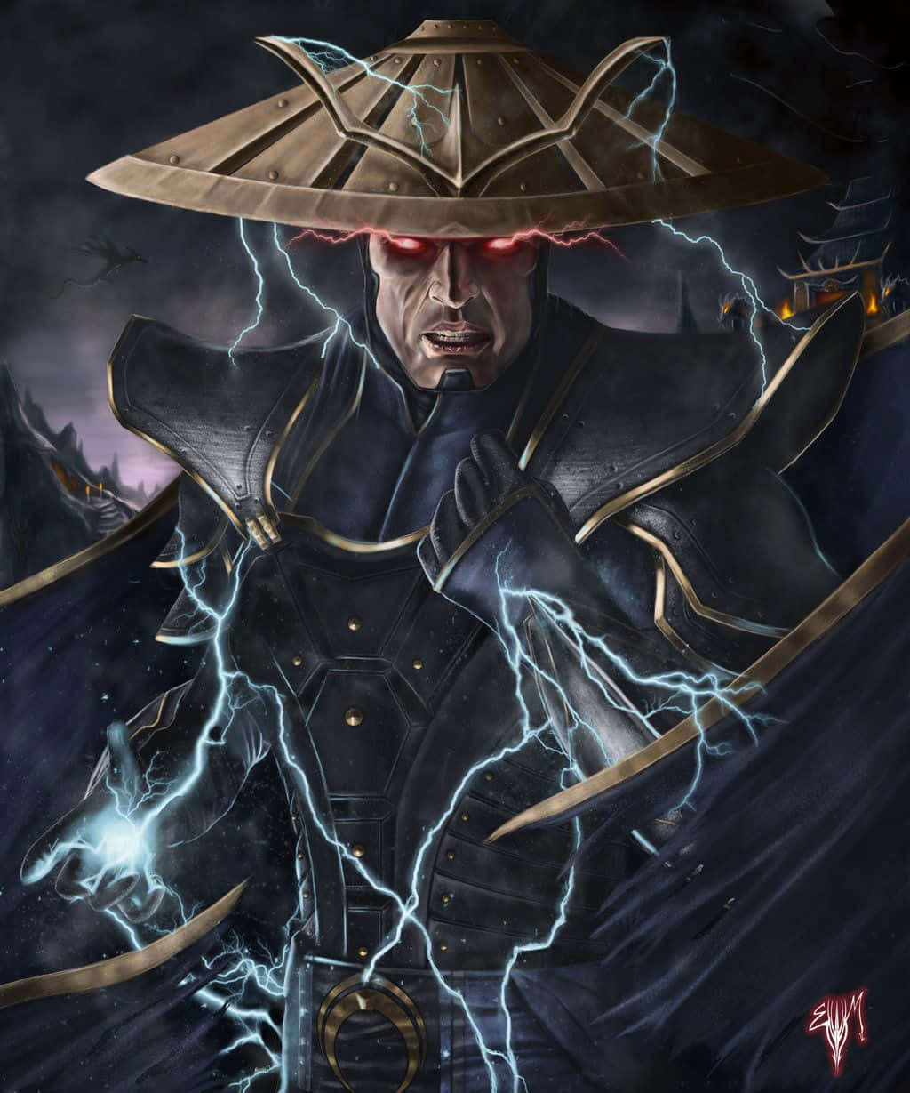 Mortal Kombat Raiden 桌布 壁紙 — 一個身穿暗色盔甲、戴著寬邊帽的威嚇戰士，在暴風雨的夜晚背景下，用發光的紅色眼睛引導噼啪作響的閃電。