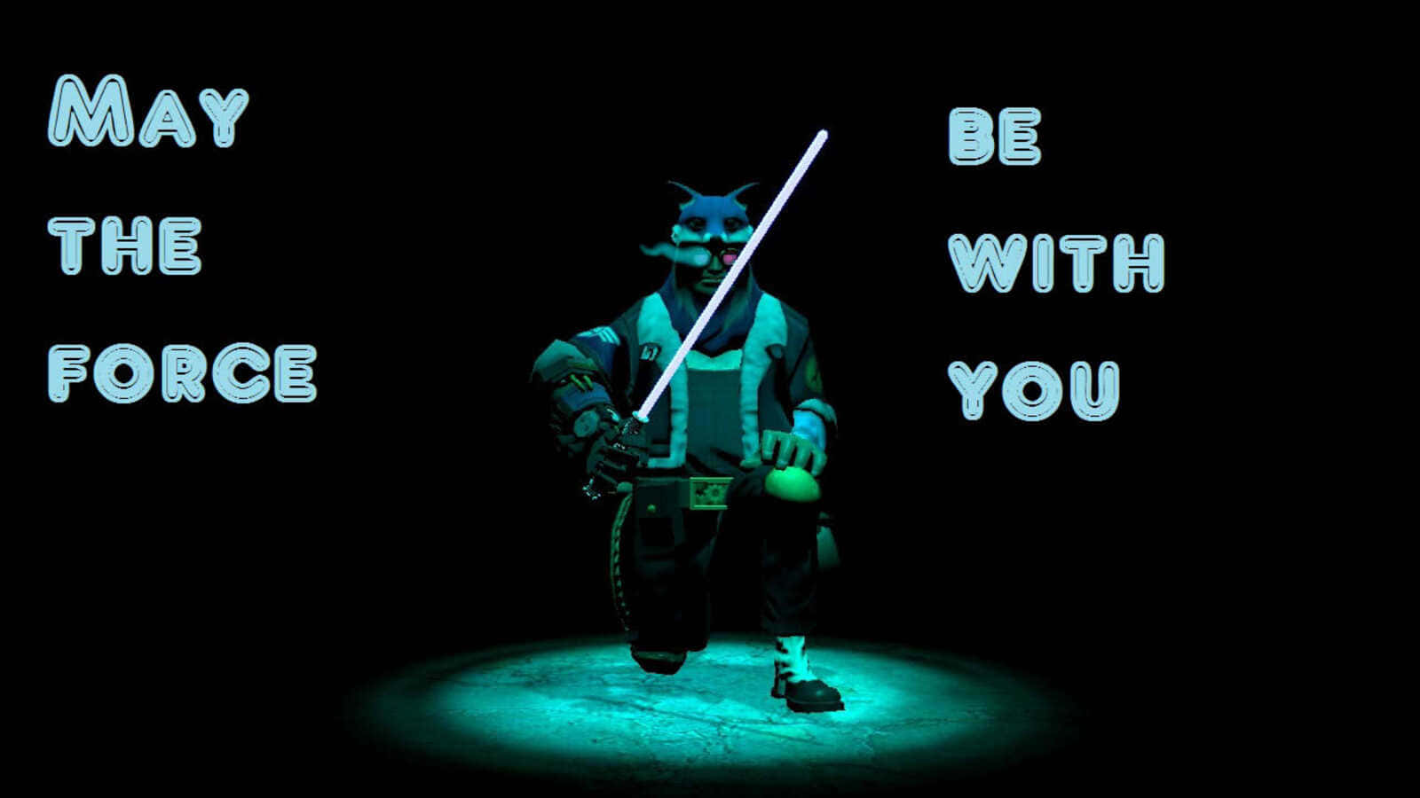 May The Force Be With You 桌布 壁紙 — 一個身穿暗色盔甲、揮舞著發光藍色光劍的人物站在聚光燈下，並有「願原力與你同在」的文字以青色發光。