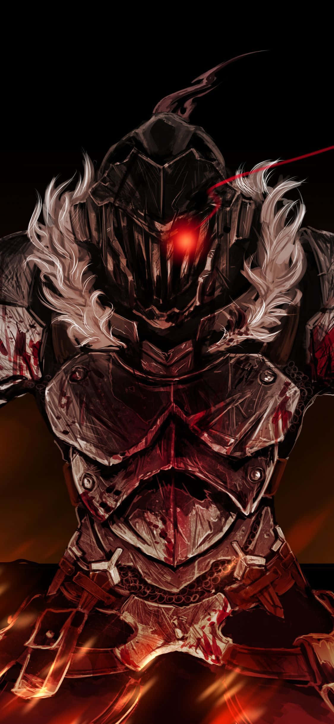 Goblin Slayer 桌布 壁紙 — 一個身穿暗色盔甲、擁有發光紅眼和白色羽毛肩甲的威脅性騎士，站在火焰背景前。