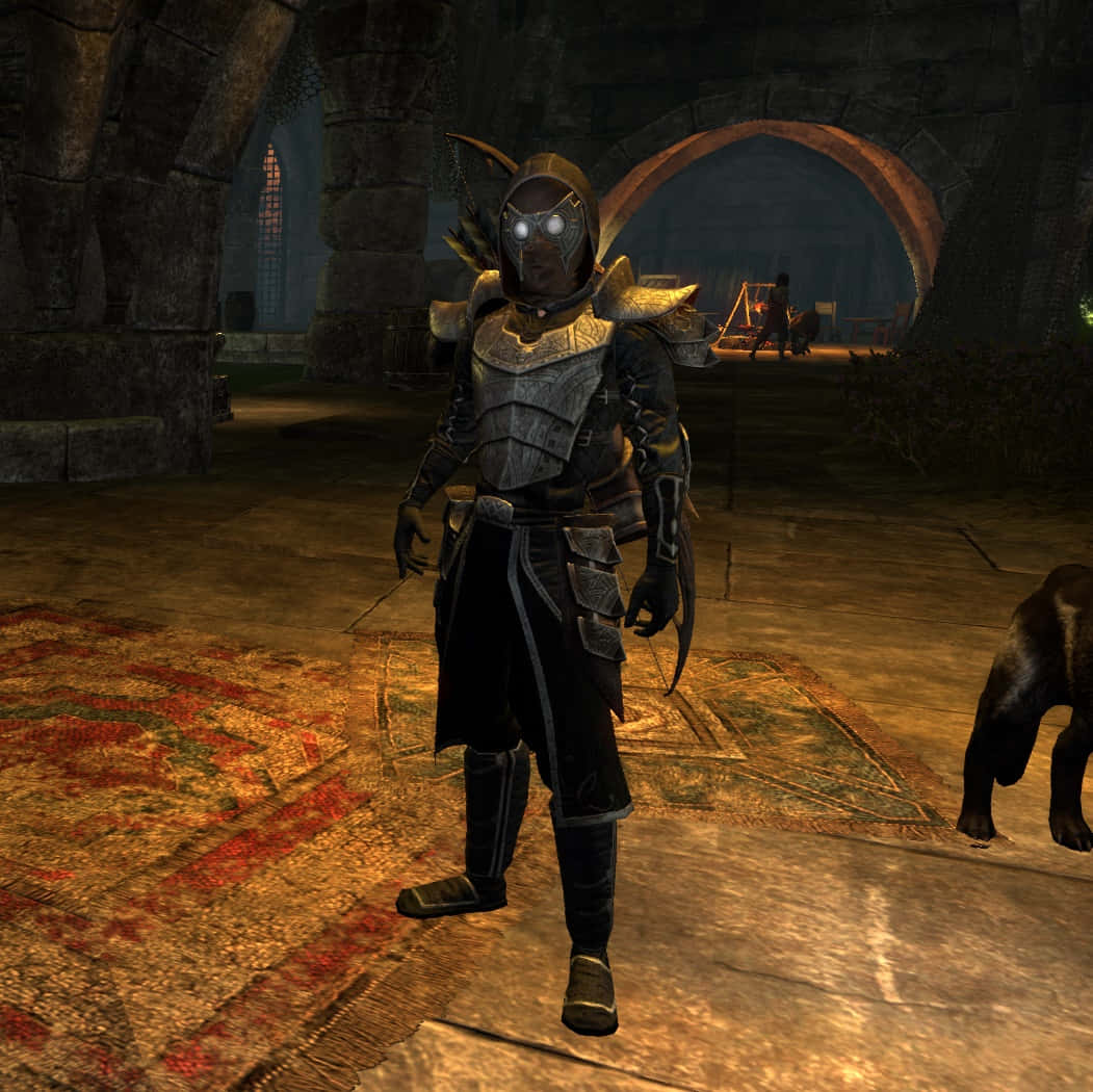 Thieves Guild 桌布 壁紙 — 一個身穿暗色盔甲、眼睛發光的角色站在一個石造大教堂般的大廳裡，附近有一隻熊。