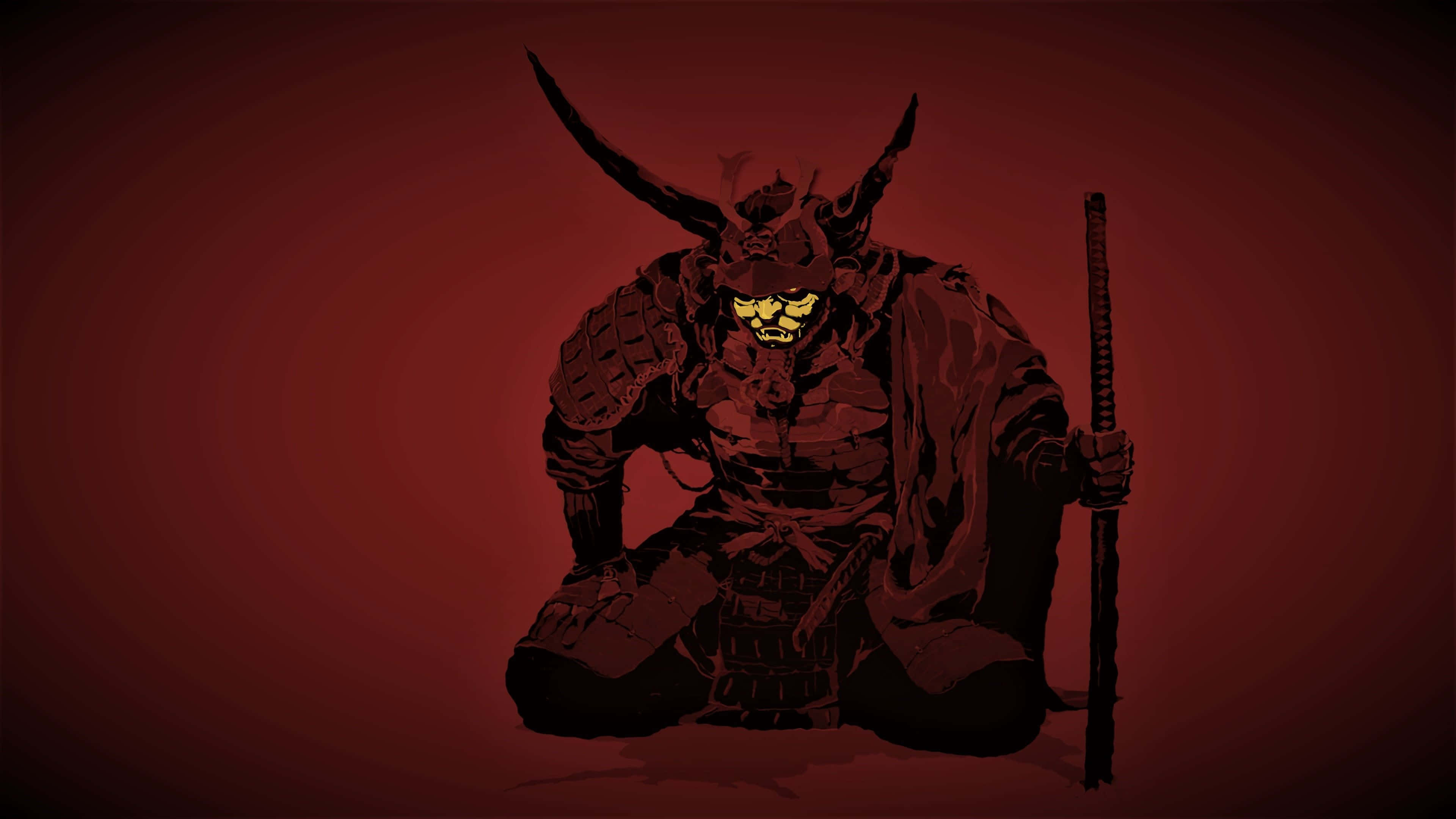 Samurai X 桌布 壁紙 — 一個身穿暗色盔甲、眼睛發出黃光的威猛武士，跪著手持劍，背景是深紅色漸變。