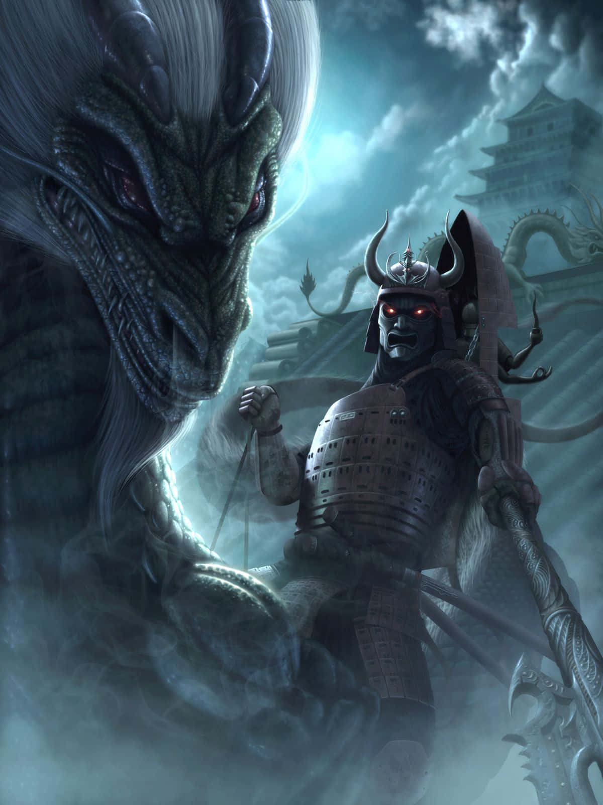 Samurai Dragon 桌布 壁紙 — 一個身穿暗色盔甲、雙眼發出紅光的武士，在暴風雨的天空下，背後有一座城堡，挑釁地站在一條巨大而威嚇的龍面前。