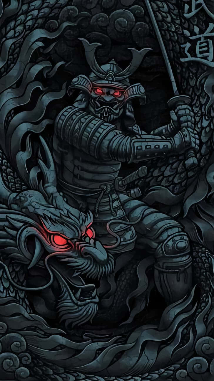 Samurai Dragon 桌布 壁紙 — 一個身穿暗色盔甲、雙眼發出紅光的武士站在一條同樣雙眼發出紅光的咆哮巨龍之上，四周煙霧繚繞。