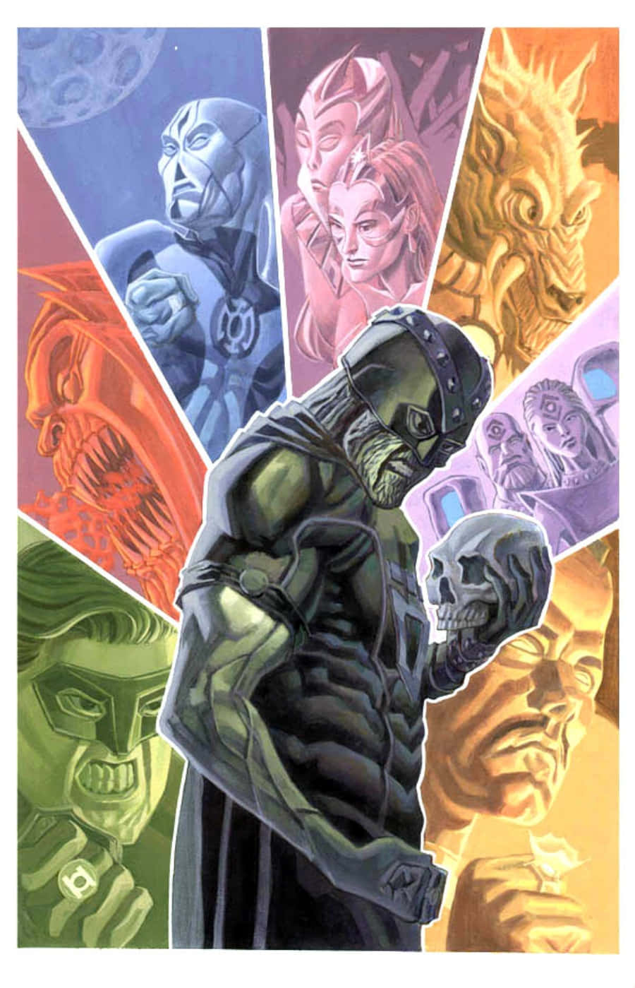 Blackest Night 桌布 壁紙 — 一個身穿暗色盔甲的人物手持頭骨，周圍是色彩繽紛的漫畫角色面板，充滿威脅感。