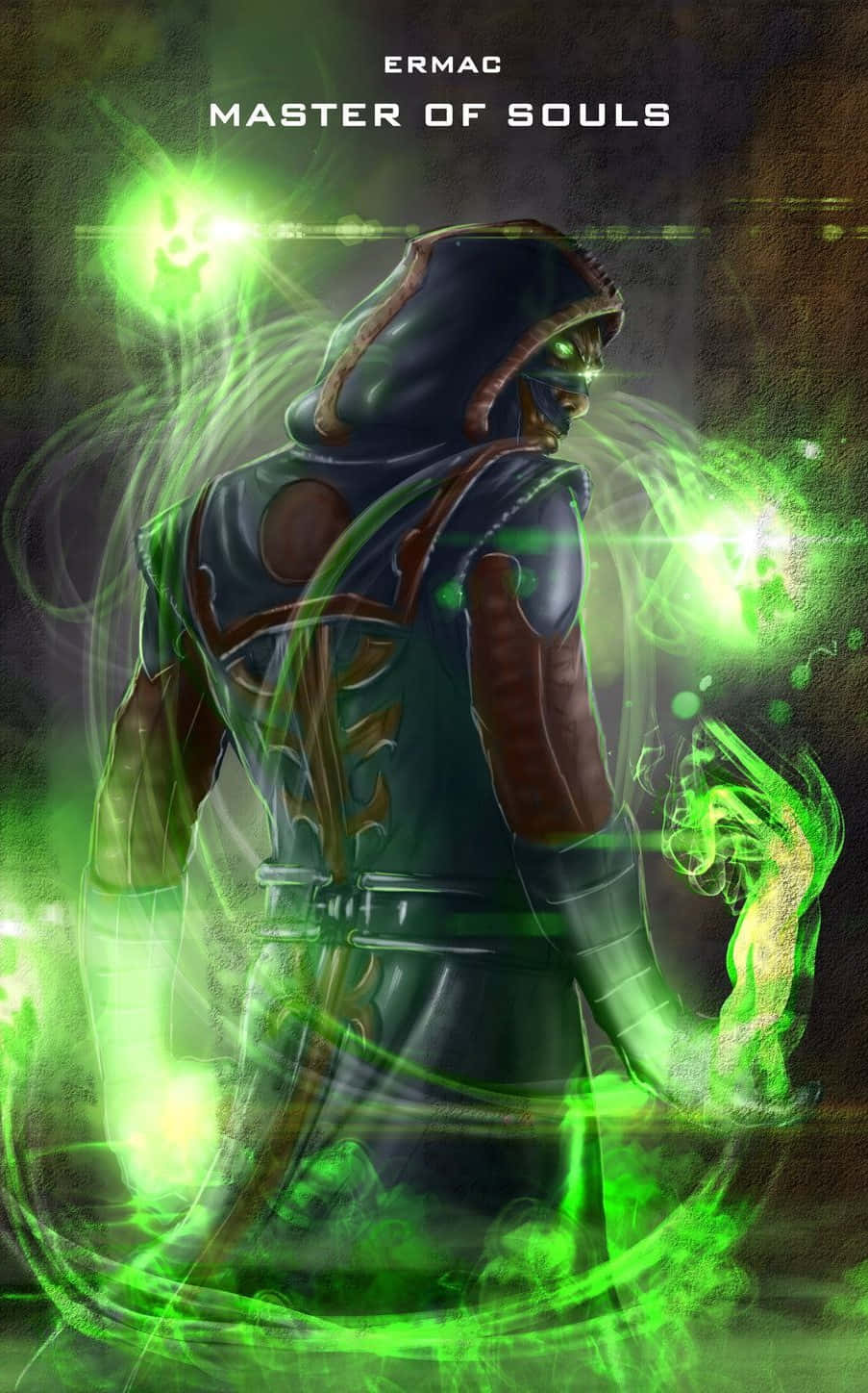 Mortal Kombat Ermac 桌布 壁紙 — 一個身穿暗色盔甲的兜帽人物正在引導發光的綠色能量，神秘粒子在他們周圍旋轉。