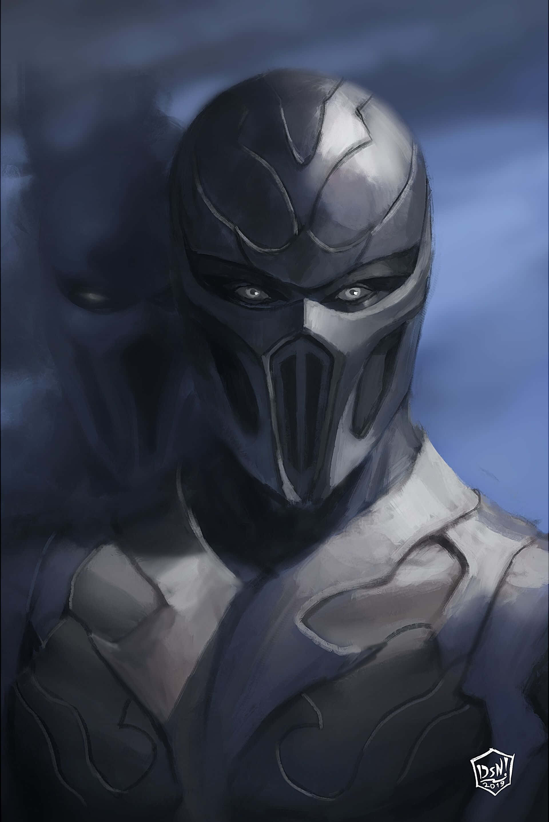 Mortal Kombat Noob Saibot 桌布 壁紙 — 一個身穿暗色盔甲的威嚇面具戰士，在陰鬱的藍灰色背景下，背後有一個陰影人物潛伏，眼神銳利。