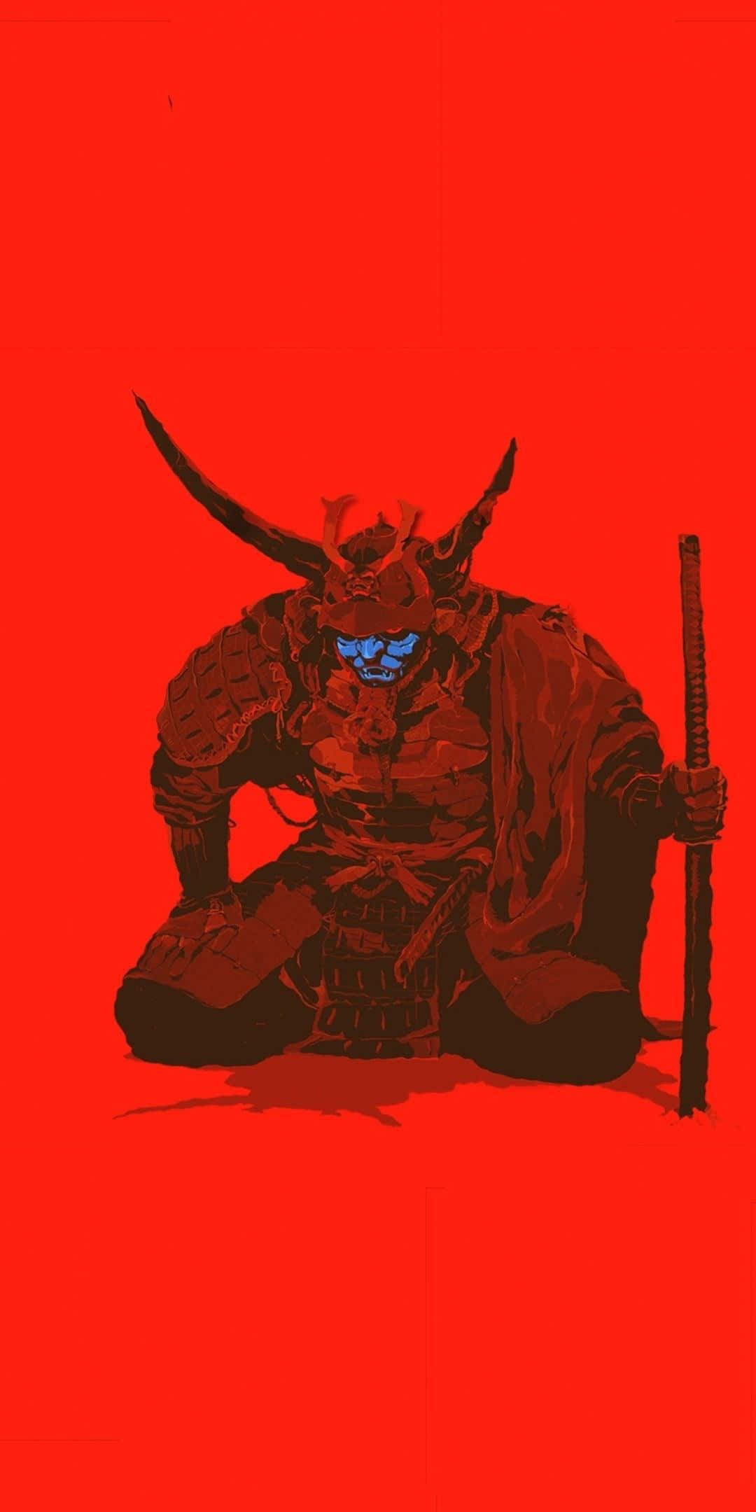 Ronin 桌布 壁紙 — 一個身穿暗色盔甲的威猛武士跪在鮮紅色背景前，雙眼發出藍光，身旁放著一把武士刀。