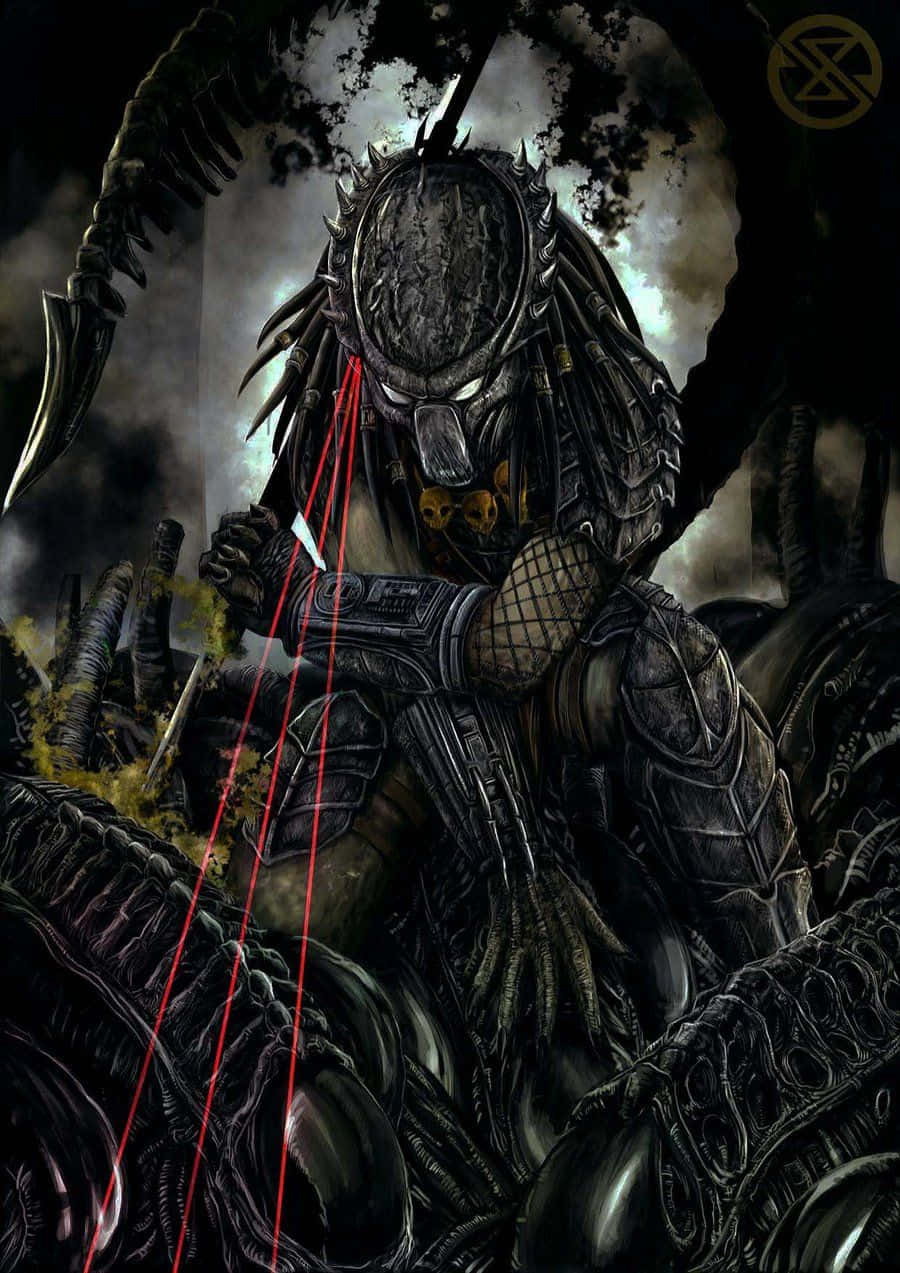 Wolf Predator 桌布 壁紙 — 一個身穿暗色盔甲的威脅性掠食者戰士站在外星殘骸中，發光的紅色激光瞄準器向前瞄準，背景風暴肆虐。