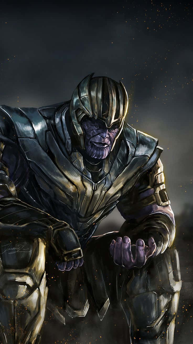 Thanos 桌布 壁紙 — 一個身穿暗色盔甲的威脅性薩諾斯蹲伏著，發光的紫色雙手映襯著星空宇宙背景。
