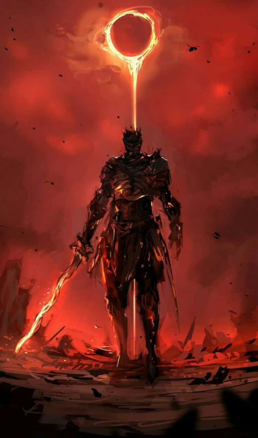 Ashen 桌布 壁紙 — 一個身穿暗色盔甲的戰士站在廢墟中，頭頂上方有一個發光的環，天空火紅。