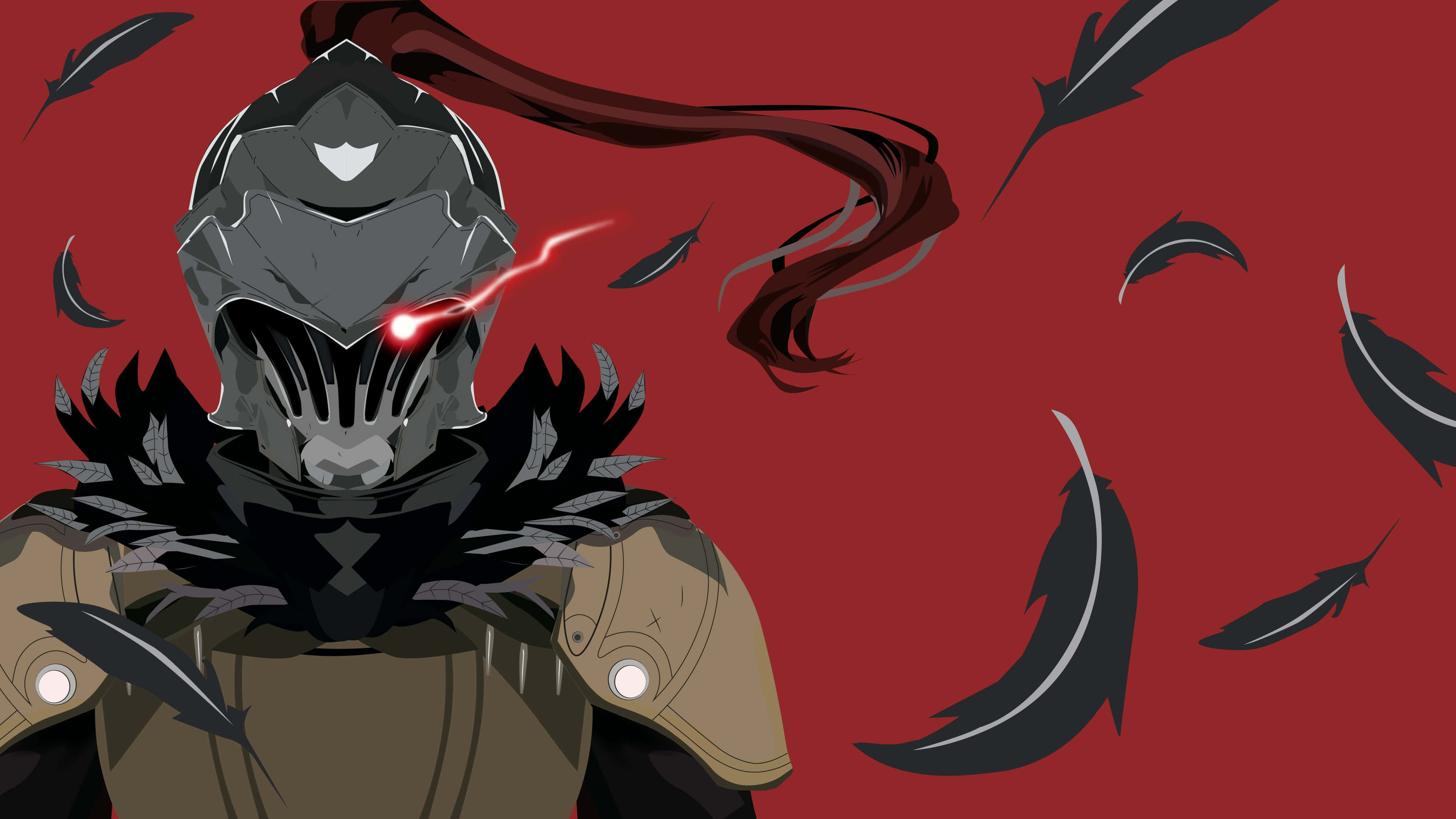 Goblin Slayer 桌布 壁紙 — 一個身穿暗色盔甲的騎士，擁有發光的紅色眼睛和飄逸的紅色頭髮，站在鮮紅色的背景前，周圍有漂浮的黑色羽毛。
