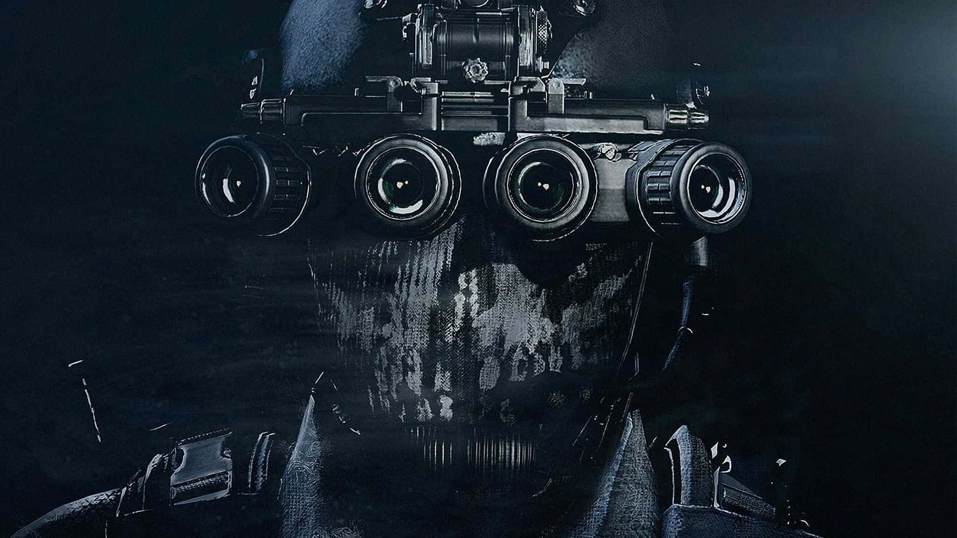 Call Of Duty Ghosts 桌布 壁紙 — 一個身穿暗色裝備的威脅人物，在陰暗的幽暗中，將一個多鏡頭相機支架戴在一個做鬼臉的臉上。