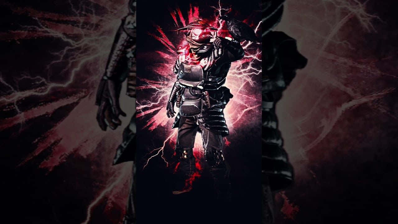 Apex Legends Bloodhound 桌布 壁紙 — 一個身穿暗黑盔甲的戰士，雙眼發出紅光，周圍閃電噼啪作響，擺出戲劇性的姿勢。