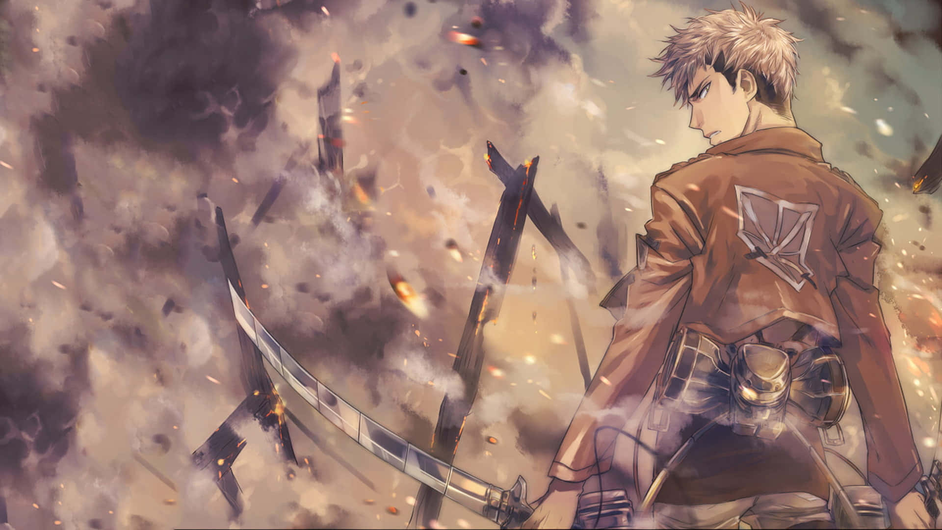 Attack On Titan Season 1 桌布 壁紙 — 一個身穿棕色外套、意志堅定的動漫士兵，站在煙霧和瓦礫中，手持一把巨大的彎曲刀刃。
