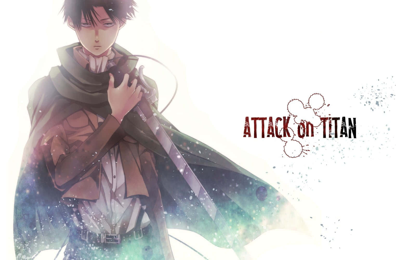 Attack On Titan Poster 桌布 壁紙 — 一個身穿棕色外套的堅定動漫戰士，在發光的宇宙背景前手持劍，並帶有Attack on Titan標誌。