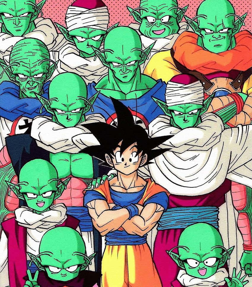 Namek 桌布 壁紙 — 一個身穿橙色和藍色衣服的男孩，挑釁地站在一群綠色皮膚的娜美星戰士之中。