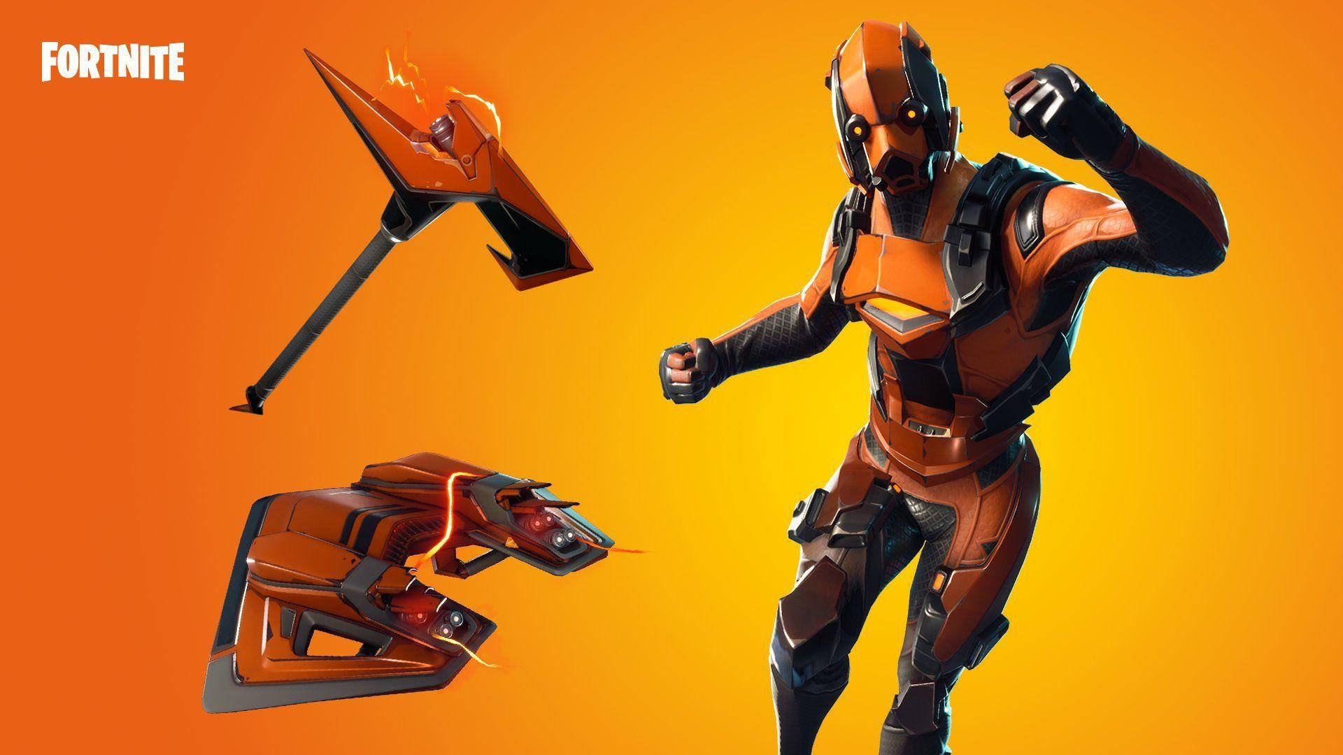 Fortnite 桌布 壁紙 — 一個身穿橙色盔甲的《要塞英雄》角色在充滿活力的漸變背景前，手持發光的橙色武器，擺出動感姿勢。