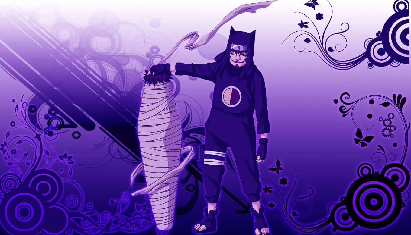 Kankuro 桌布 壁紙 — 一個身穿深紫色裝備的忍者自信地站立，手持一個大卷軸，背景是旋轉的紫色和華麗的花卉圖案。