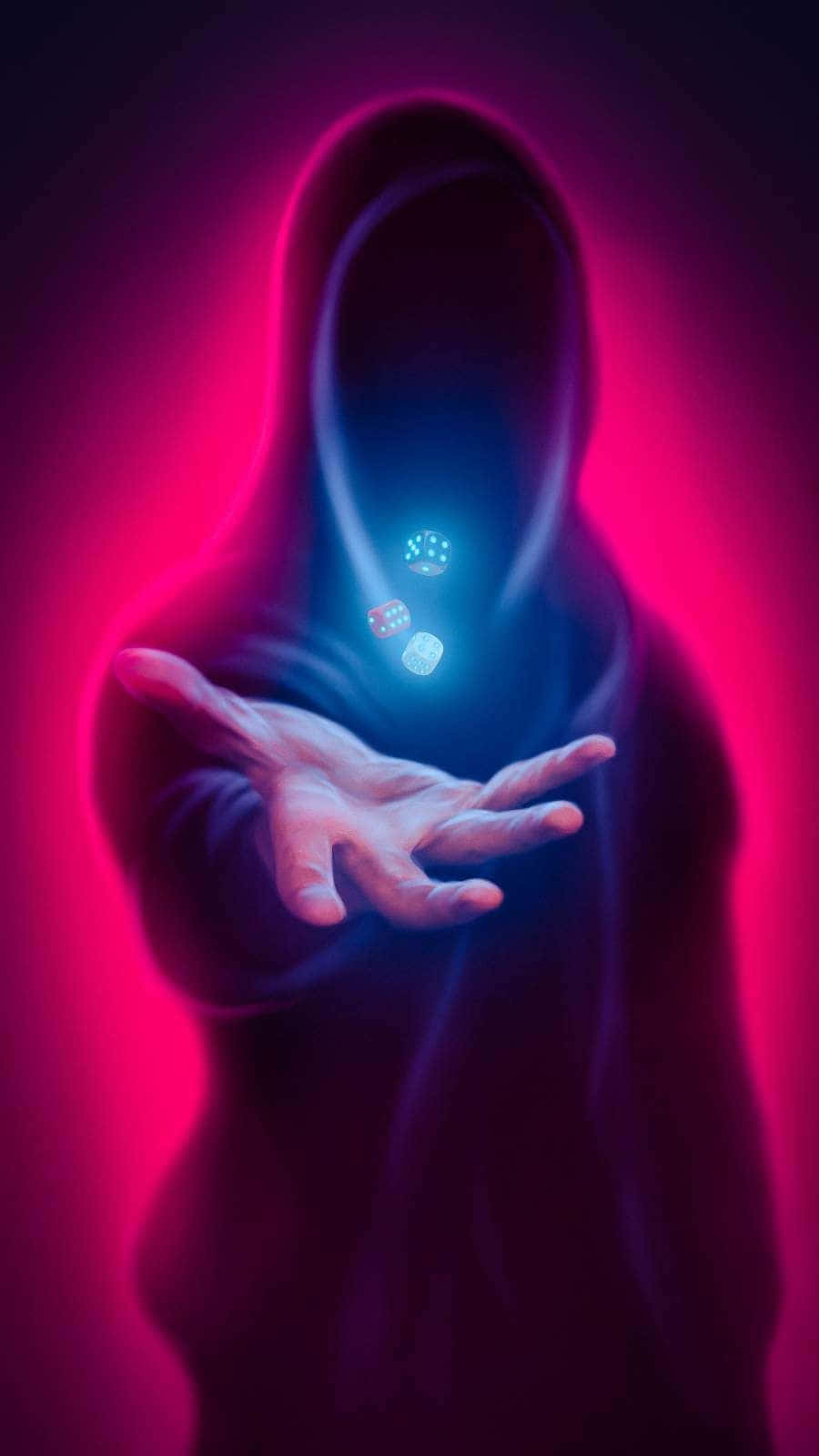  壁紙 — 一個身穿深紫色長袍的戴帽人物漂浮在發光的洋紅色背景前，手掌張開，發光的骰子懸浮在手掌上方。