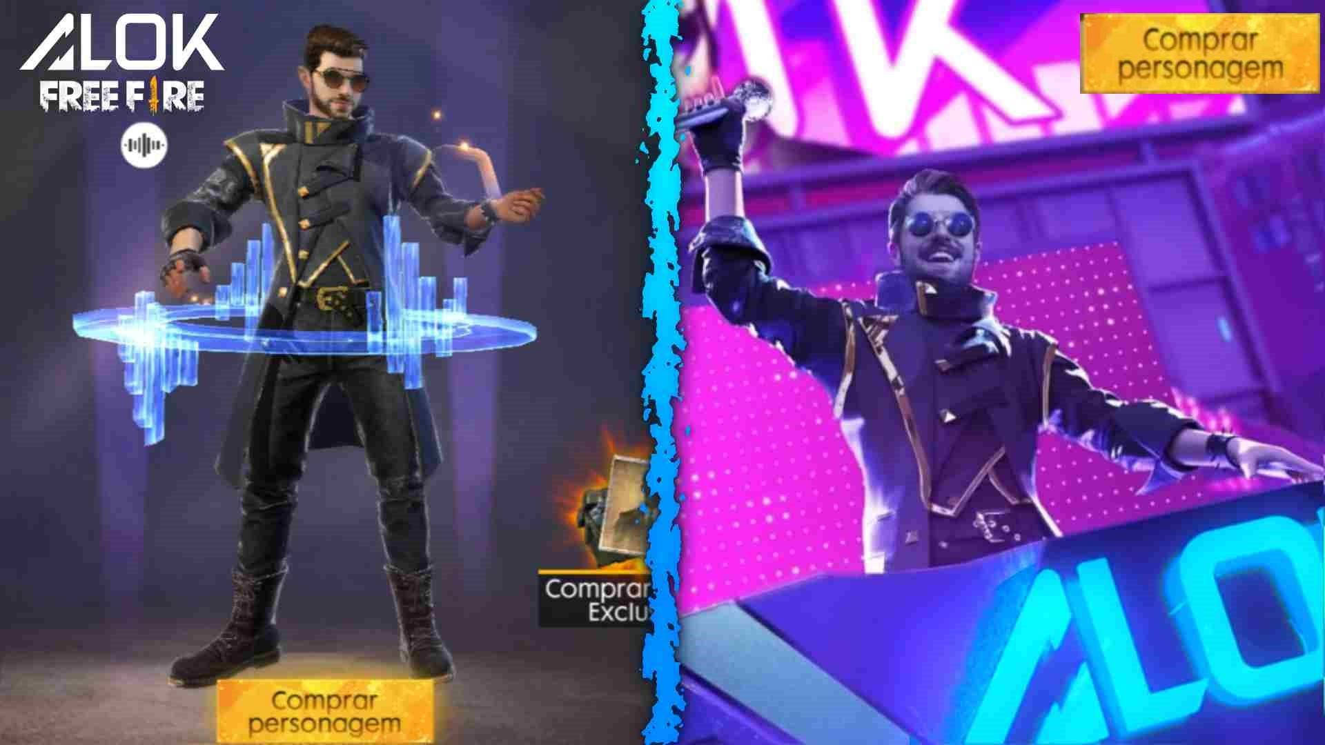 dj alok free fire 桌布 壁紙 — 一個身穿深色外套、帶有發光藍色全息效果的角色，站在一個帶有 'Alok' 品牌的充滿活力的紫色霓虹舞台旁邊。