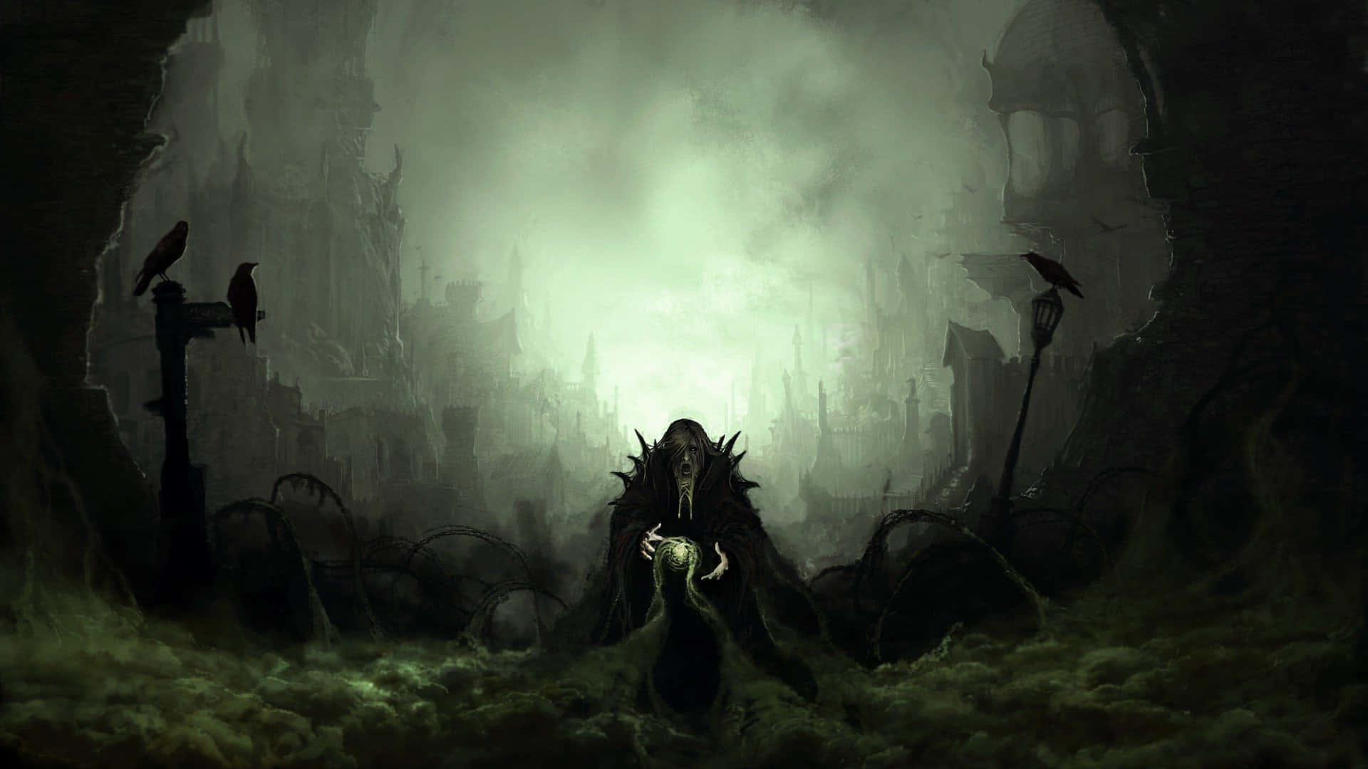 Dark Digital Art 桌布 壁紙 — 一個身穿深色斗篷、頭髮尖刺的人物站在陰暗的洞穴中，手持發光球體，背後是霧氣瀰漫的哥德式城市景觀。
