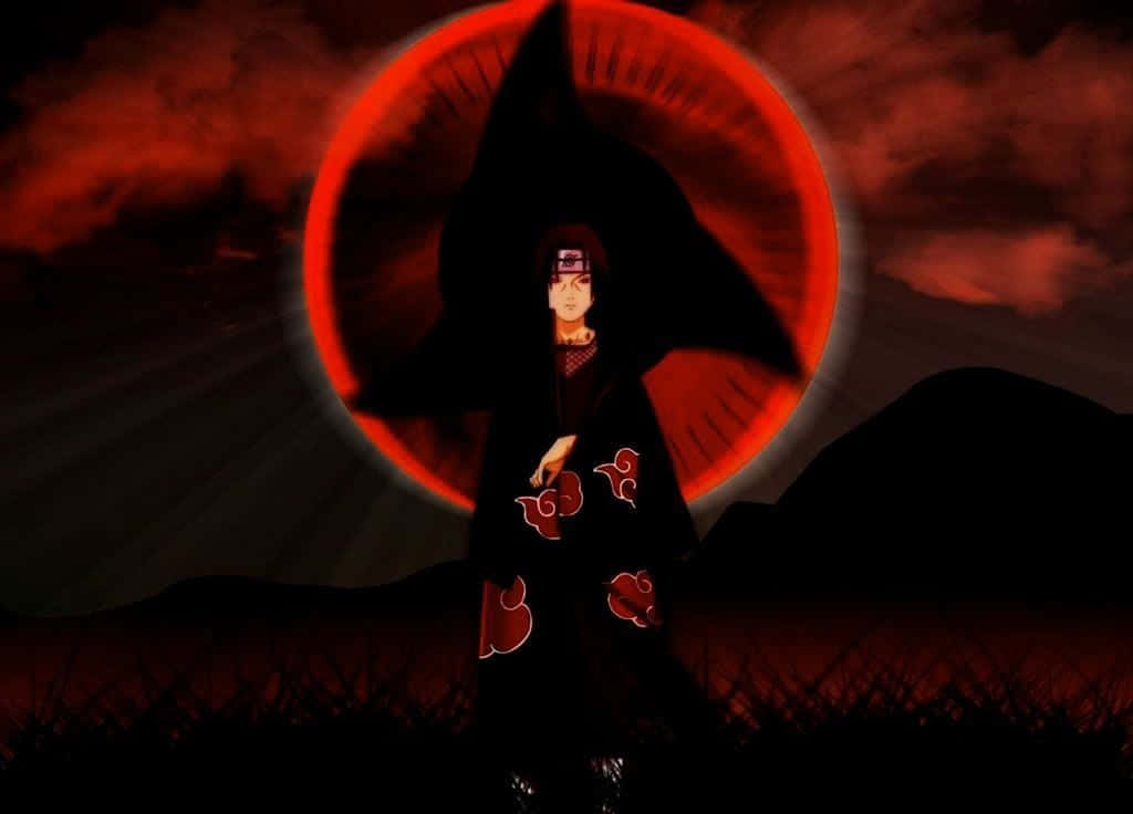 Itachi 桌布 壁紙 — 一個身穿深色斗篷的動漫人物站在一個巨大的紅色月亮前，月亮帶有黑色翅膀，在血紅色的天空下形成剪影。