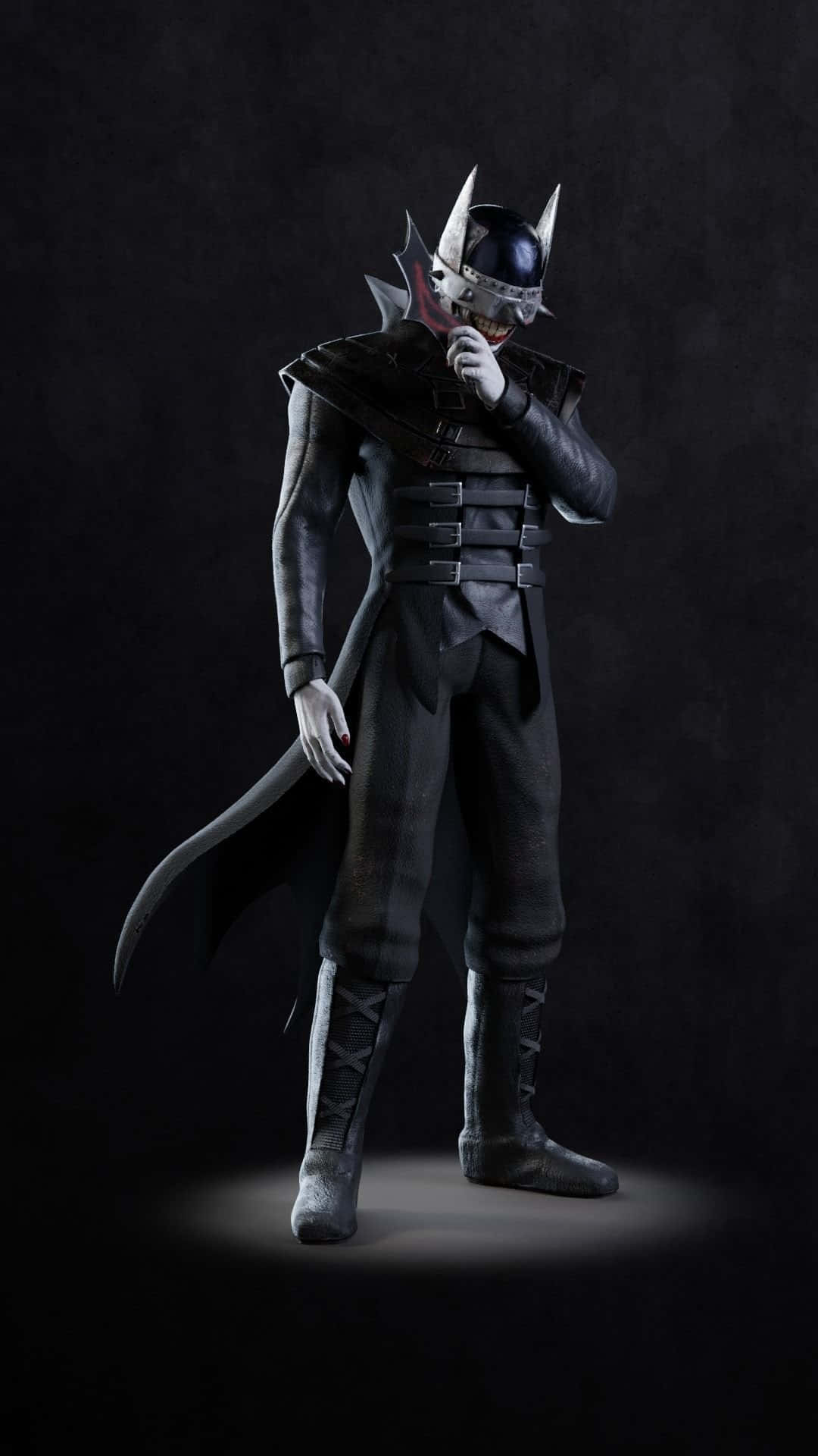 The Batman Who Laughs 桌布 壁紙 — 一個身穿深色盔甲、戴著尖刺頭盔和披風的蝙蝠俠形象，站在黑色背景的聚光燈下。