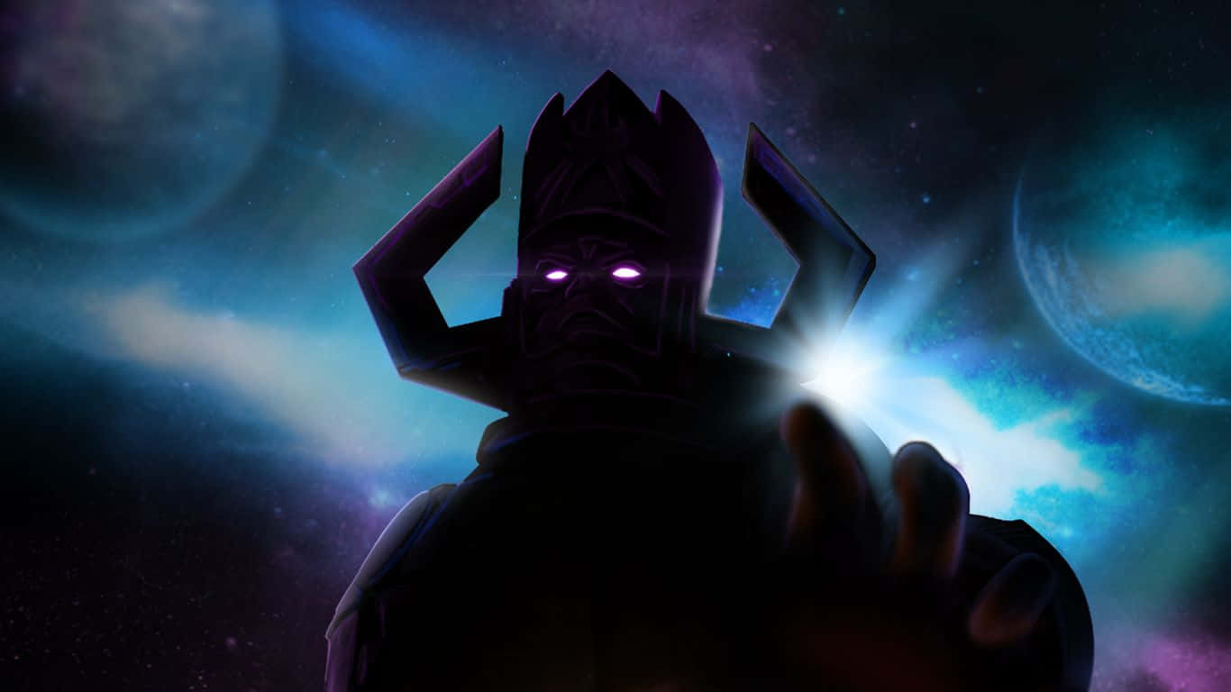 Galactus 桌布 壁紙 — 一個身穿深色盔甲、擁有發光紫色眼睛的人物，在星雲和行星的宇宙背景下向前伸出手。