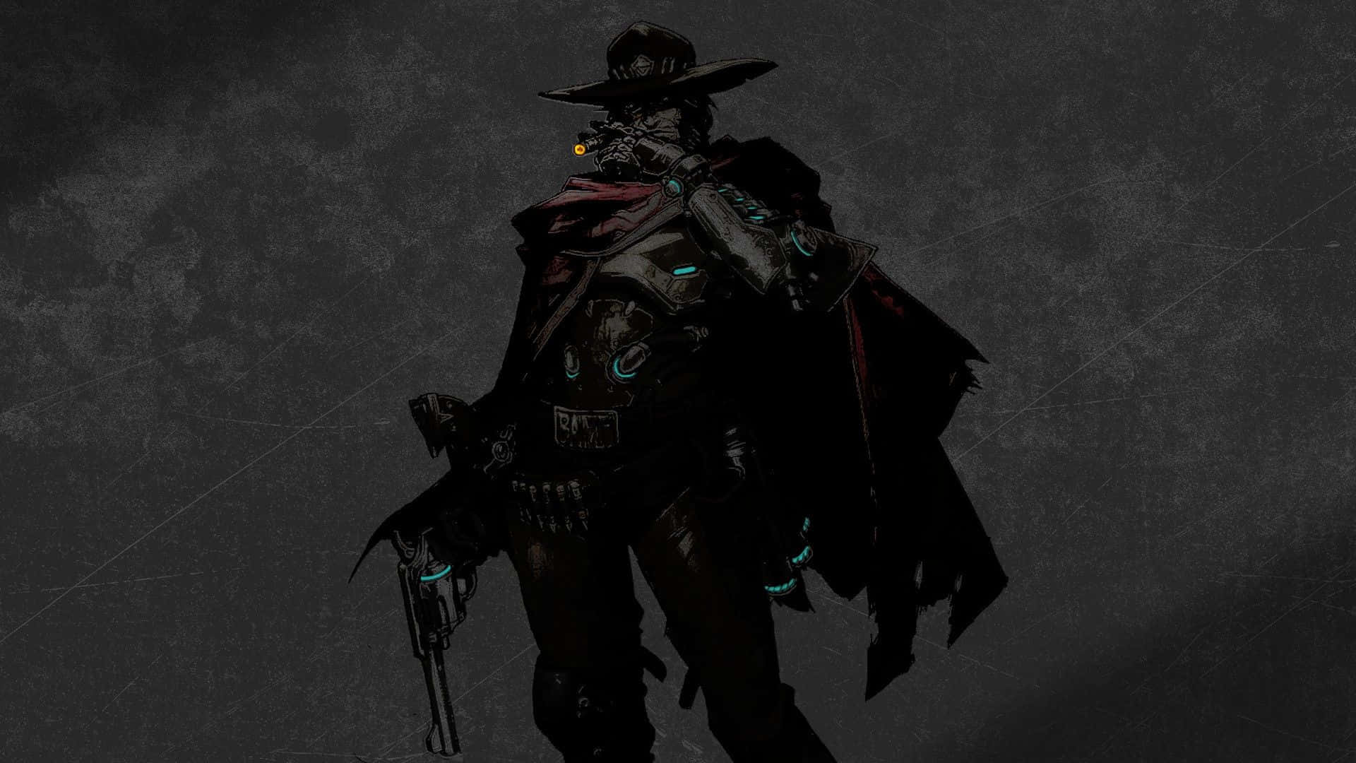 Overwatch Mccree 桌布 壁紙 — 一個身穿深色裝甲的牛仔，帶有發光的藍色點綴和紅色披風，站在粗糙紋理的背景前。