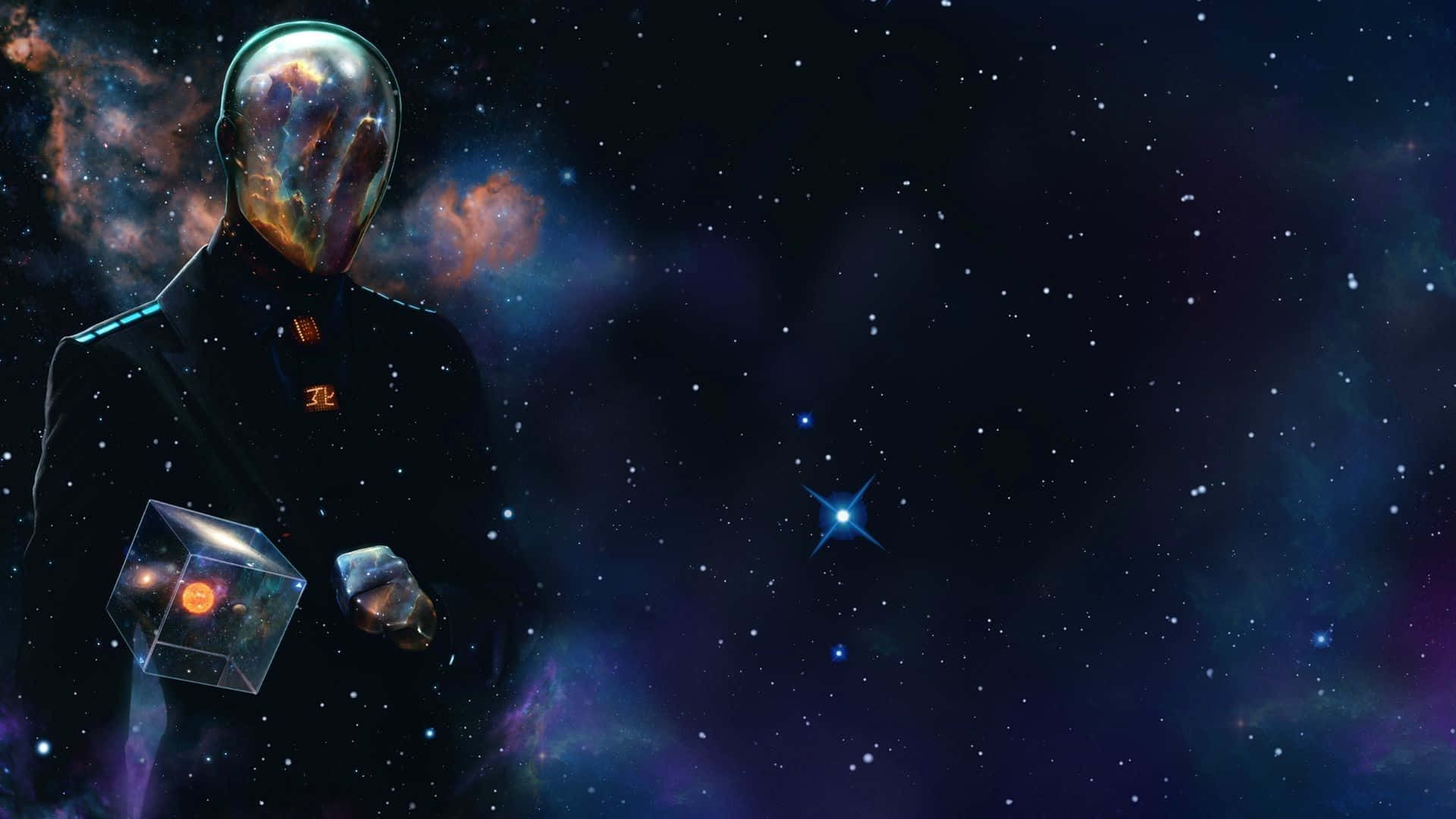 外太空 桌布 壁紙 — 一個身穿深色西裝的無面宇宙人物，手持發光立方體，背景是充滿活力的星雲和星場。