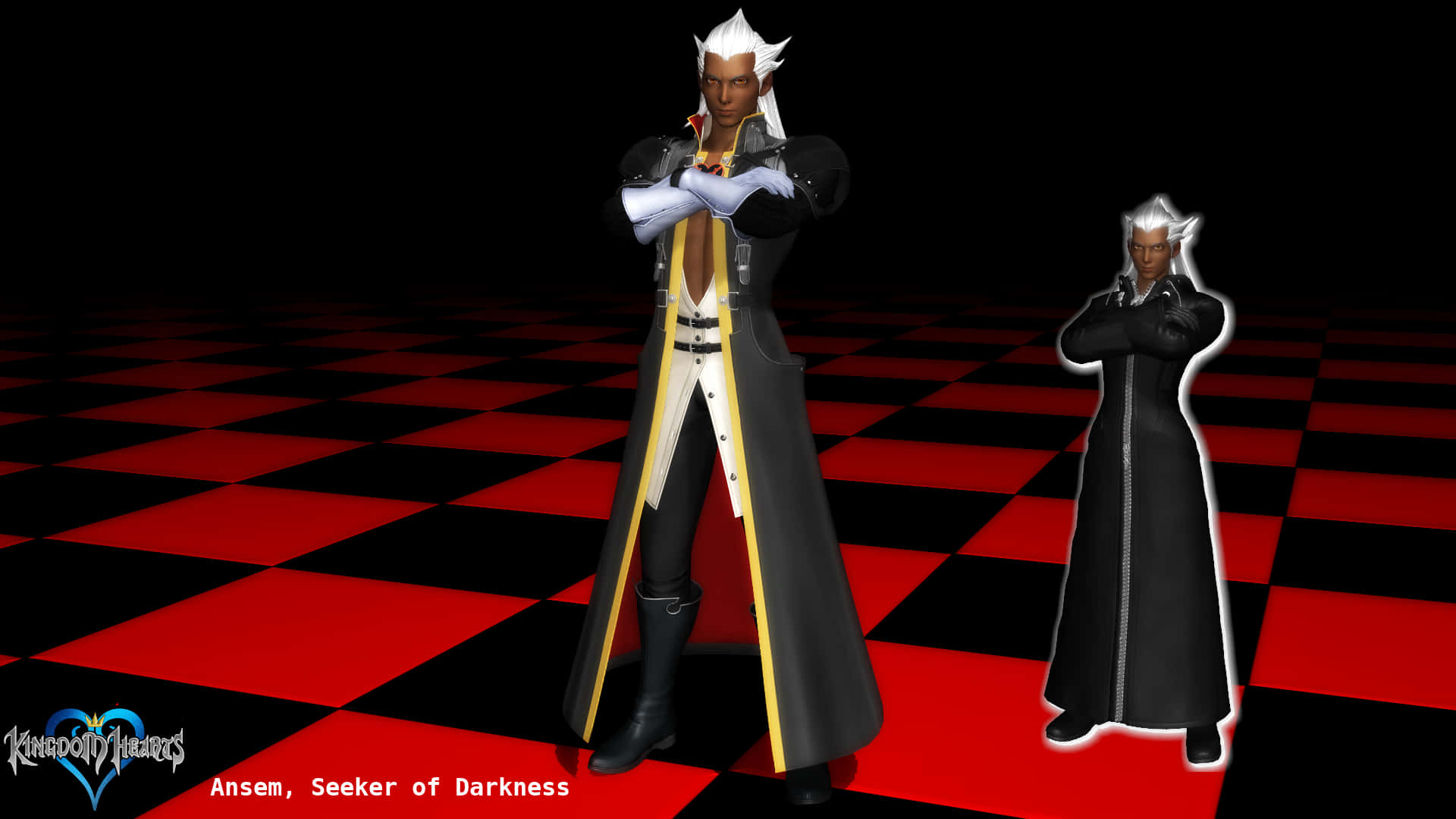 Ansem Seeker Of Darkness 桌布 壁紙 — 一個身穿深色長袍、白髮的動漫角色自信地站在紅色和黑色棋盤格地板前，背景為黑色。