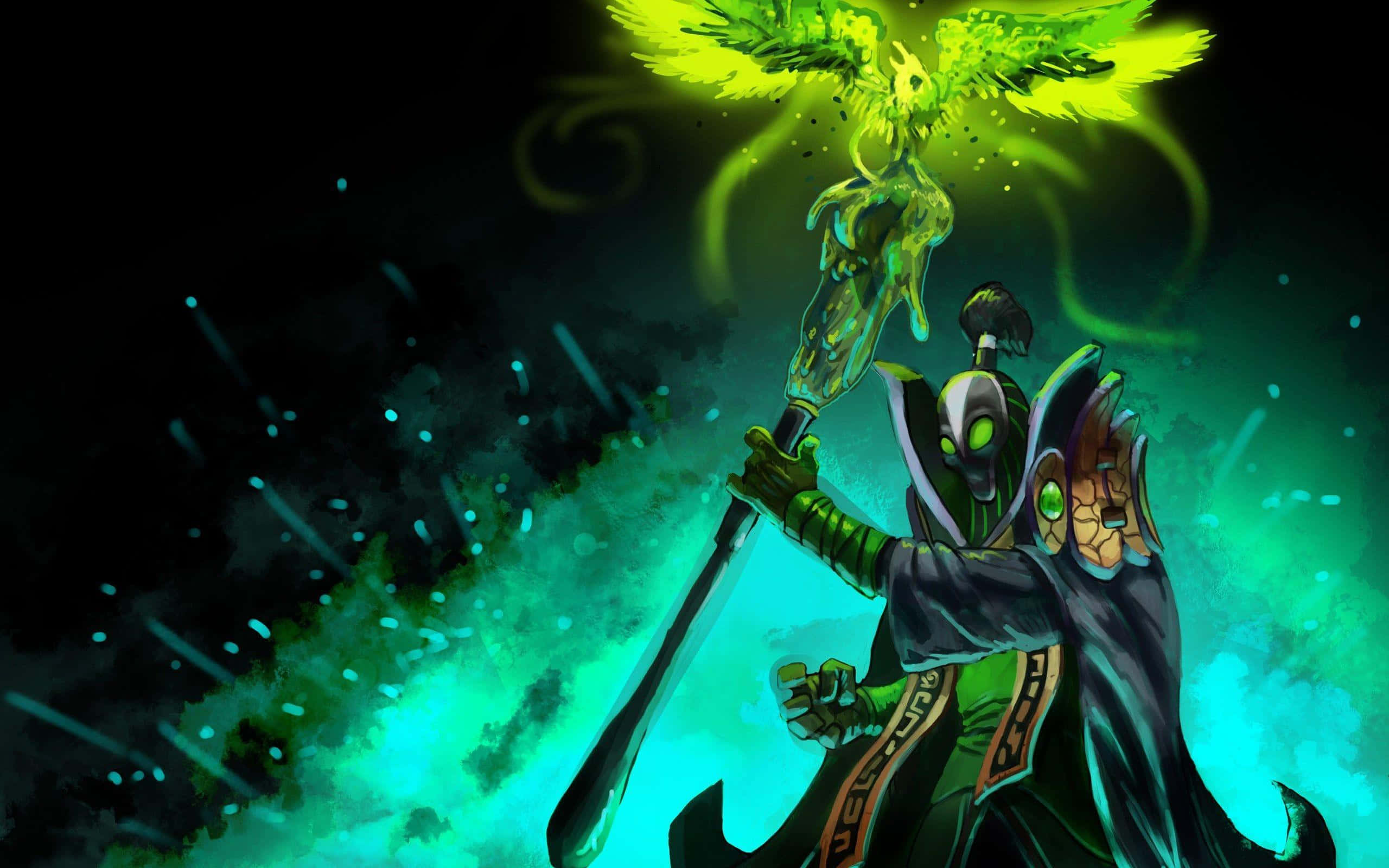 Rubick 桌布 壁紙 — 一個身穿深色長袍、眼睛發出綠光的人物，手持一根頂端有發光綠色鳳凰的權杖，背景是旋轉的藍綠色和黑色宇宙。