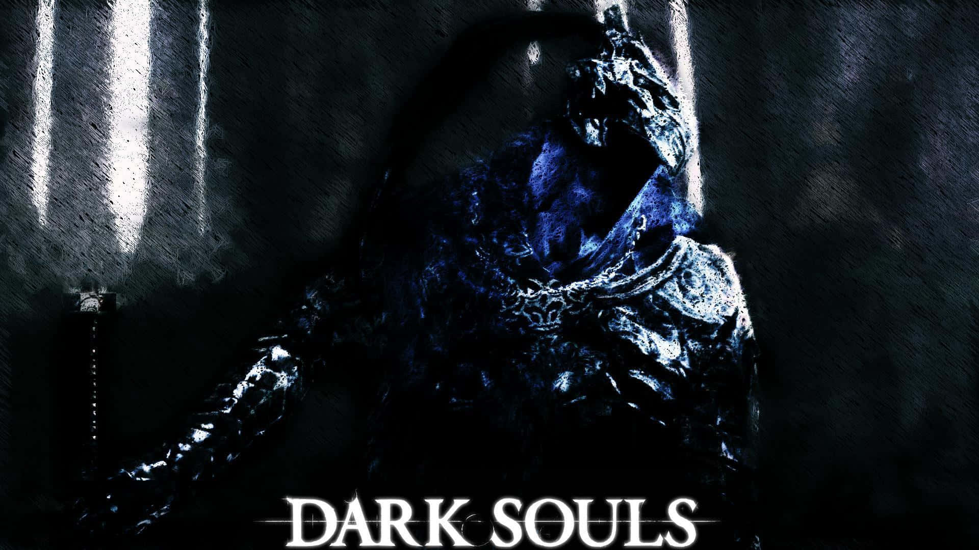 身穿藍色盔甲的Dark Souls騎士在陰暗地牢中持劍。 — 黑暗靈魂 GIF 壁紙