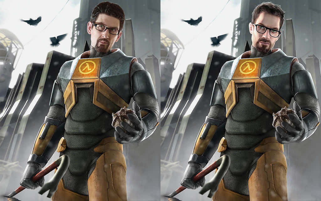 Half-life Characters 桌布 壁紙 — 一個身穿灰色和金色盔甲、帶有發光 lambda 符號的男人站在一個有飛鳥的未來城市景觀中。