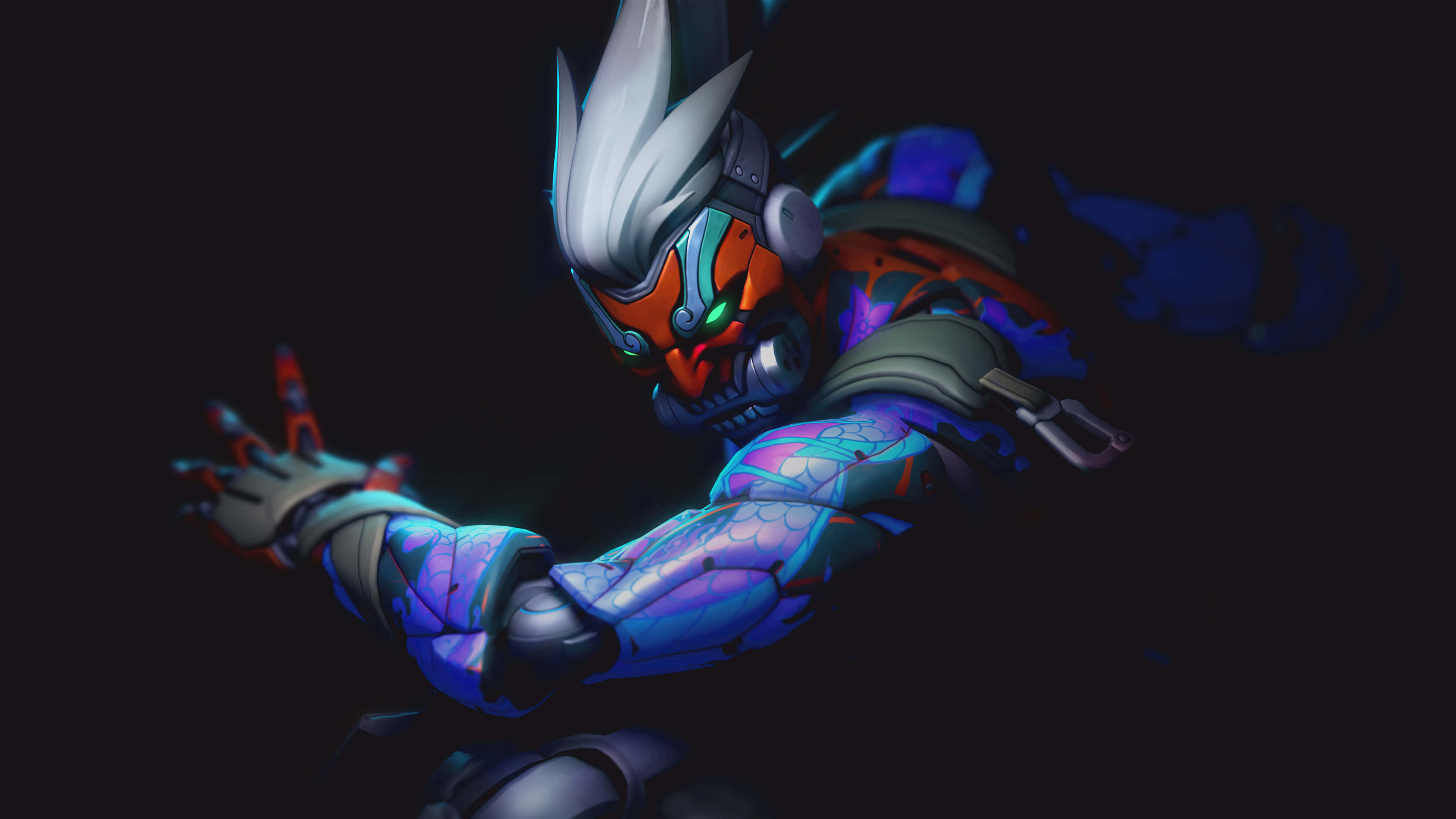 Overwatch Heroes 桌布 壁紙 — 一個身穿發光藍色盔甲的賽博朋克忍者，在黑暗背景下，雙眼發出綠色光芒，向前猛衝。