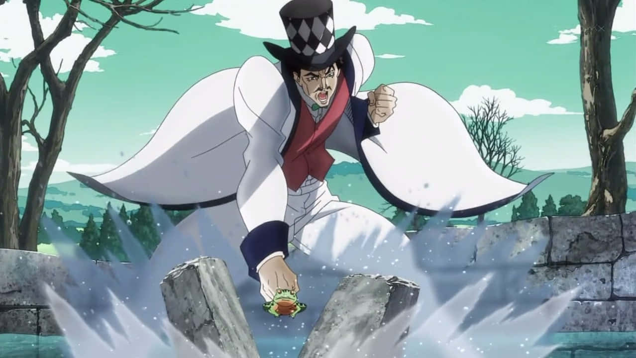 Will A Zeppeli 桌布 壁紙 — 一個身穿白色外套和格仔帽的動漫角色，在光禿禿的樹木和石牆之間，手裡拿著青蛙跳過水面。