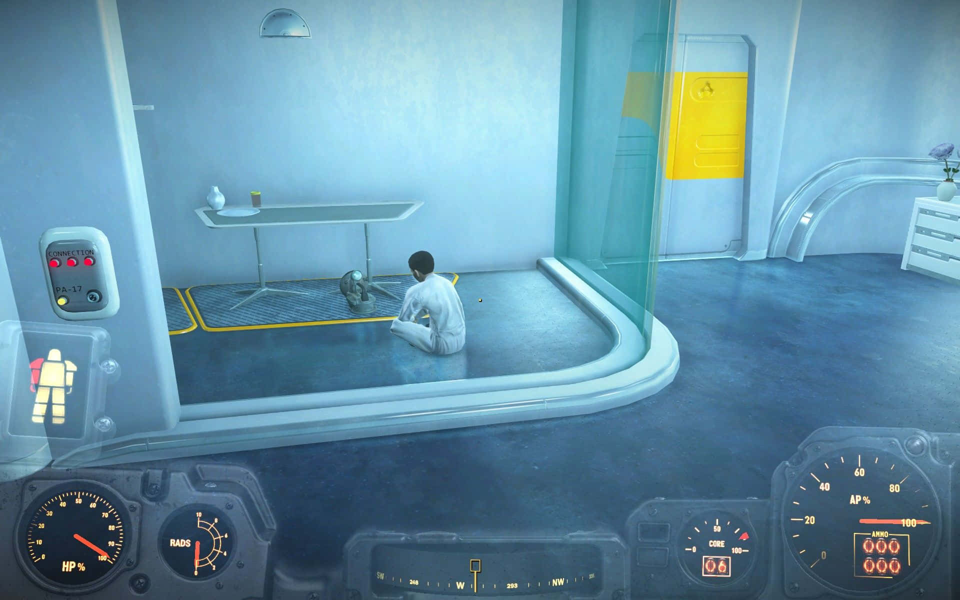 Fallout 4 Institute 桌布 壁紙 — 一個身穿白色連身衣的孤獨身影坐在一個帶有發光儀表和黃色輻射門的無菌藍色未來實驗室的地板上。