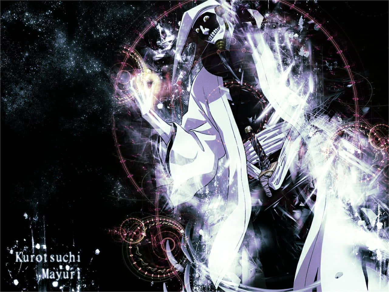 Mayuri Kurotsuchi 桌布 壁紙 — 一個身穿白色長袍的骨骼動漫角色，在繁星點點的宇宙背景下，引導發光的能量，並帶有複雜的紅色圓形圖案。
