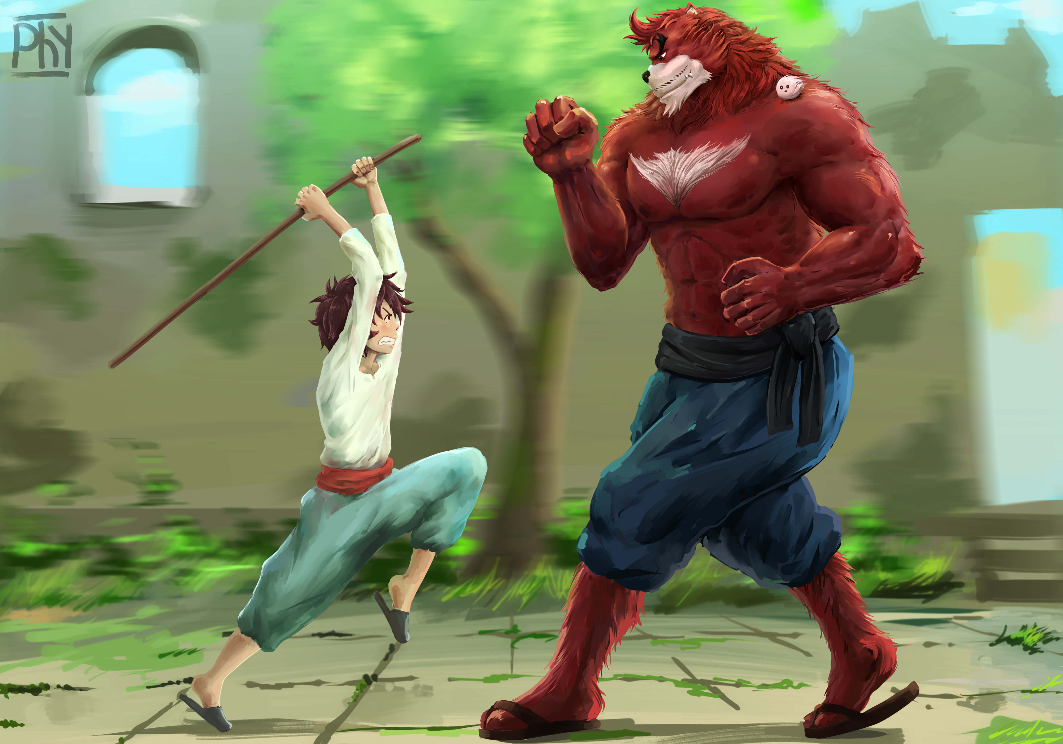 The Boy And The Beast 桌布 壁紙 — 一個身穿白衫藍褲嘅細路仔喺陽光普照嘅庭院入面用棍同一個巨型紅毛怪獸打交。