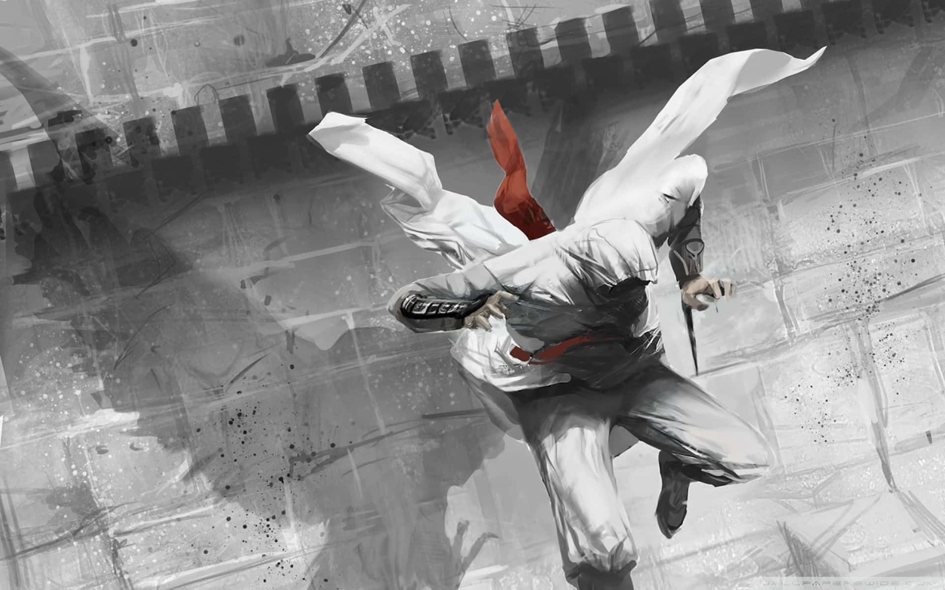 Assassin's Creed Altair 桌布 壁紙 — 一個身穿白袍和紅色腰帶的動漫風格刺客，在充滿動態模糊和飛濺效果的灰暗城市背景下騰空躍起。